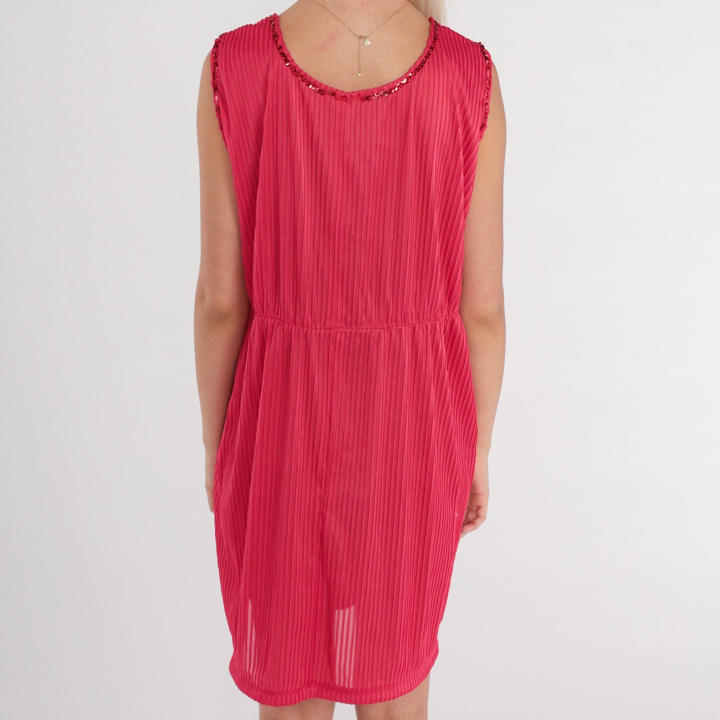 70s Dark Pink Mini Dress Sequin Trim Pleated Shift Sleeveless XS