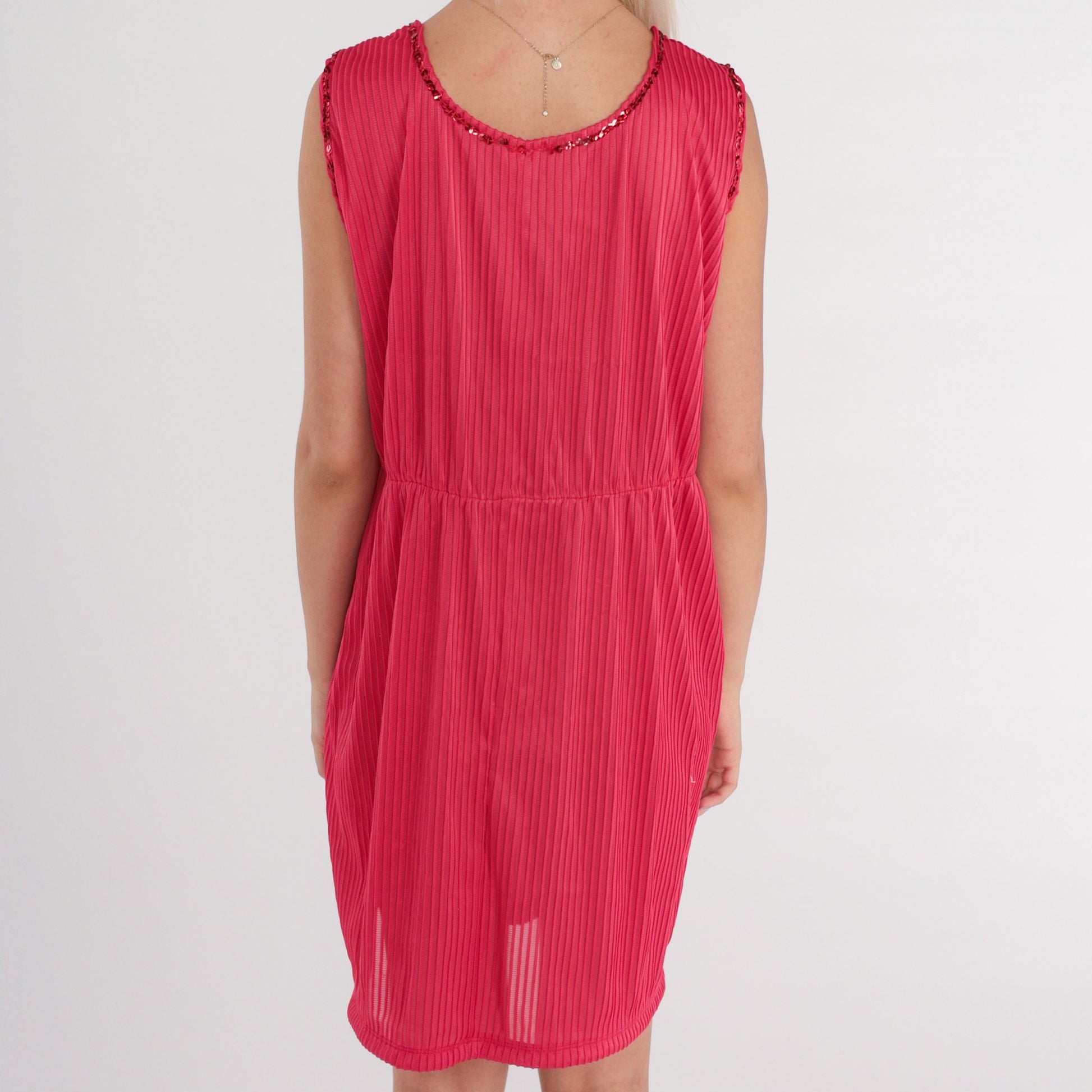 70s Dark Pink Mini Dress Sequin Trim Pleated Shift Sleeveless XS