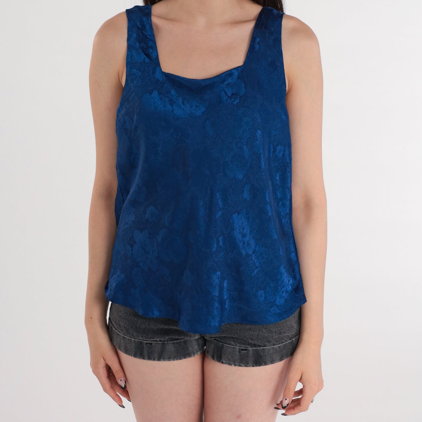 90s Navy Floral Embossed Satin Camisole Tank Top Medium M
