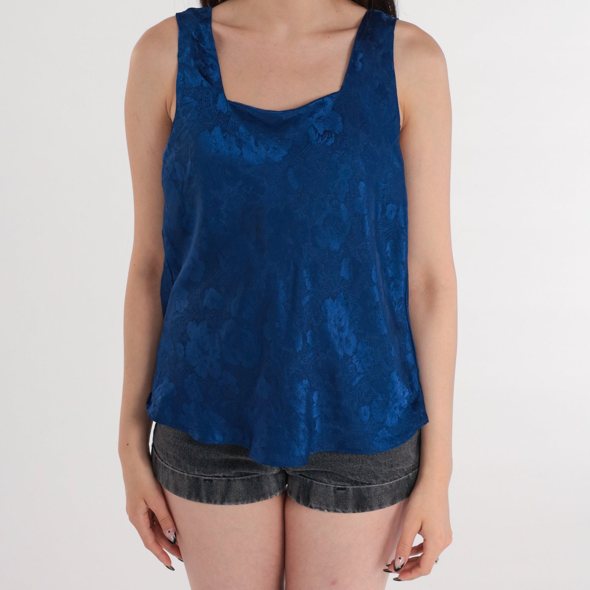 90s Navy Floral Embossed Satin Camisole Tank Top Medium M