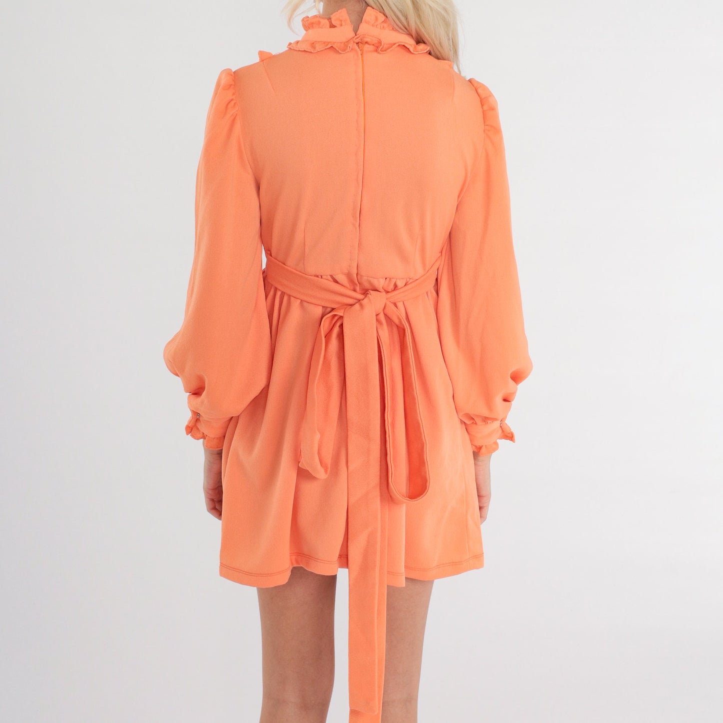 70s Orange Mini Dress White Lace Bib Empire Waist Puff Sleeve Small