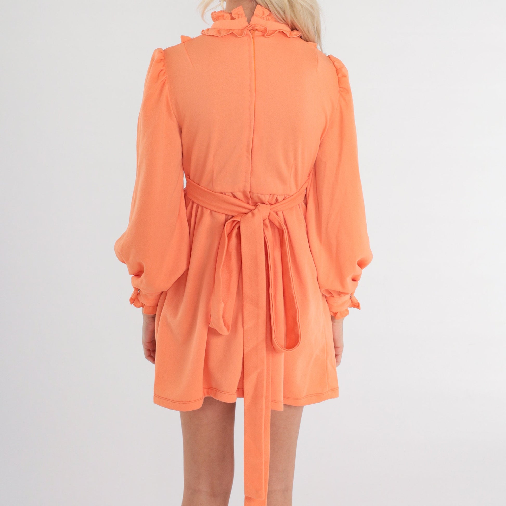 70s Orange Mini Dress White Lace Bib Empire Waist Puff Sleeve Small