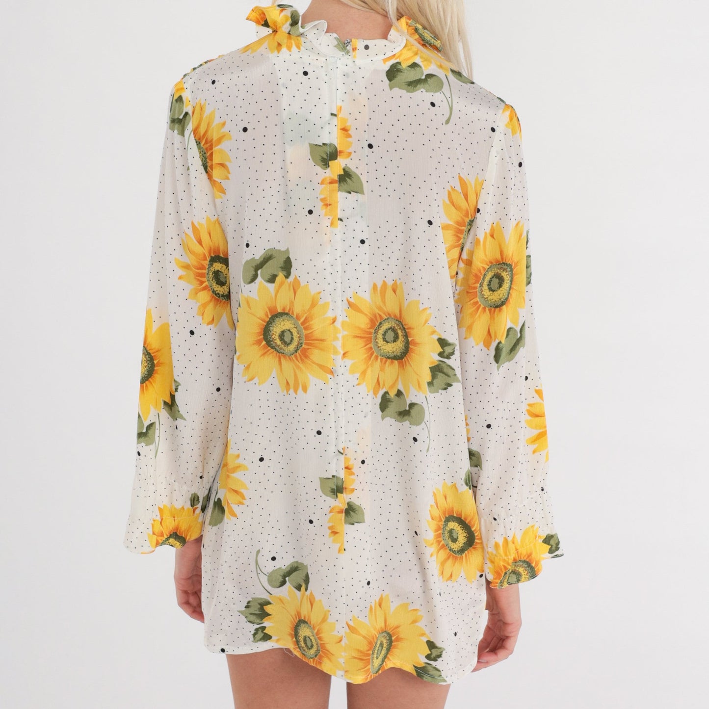 70s Sunflower Print Shift Dress White Long Sleeve Micro Mini Small