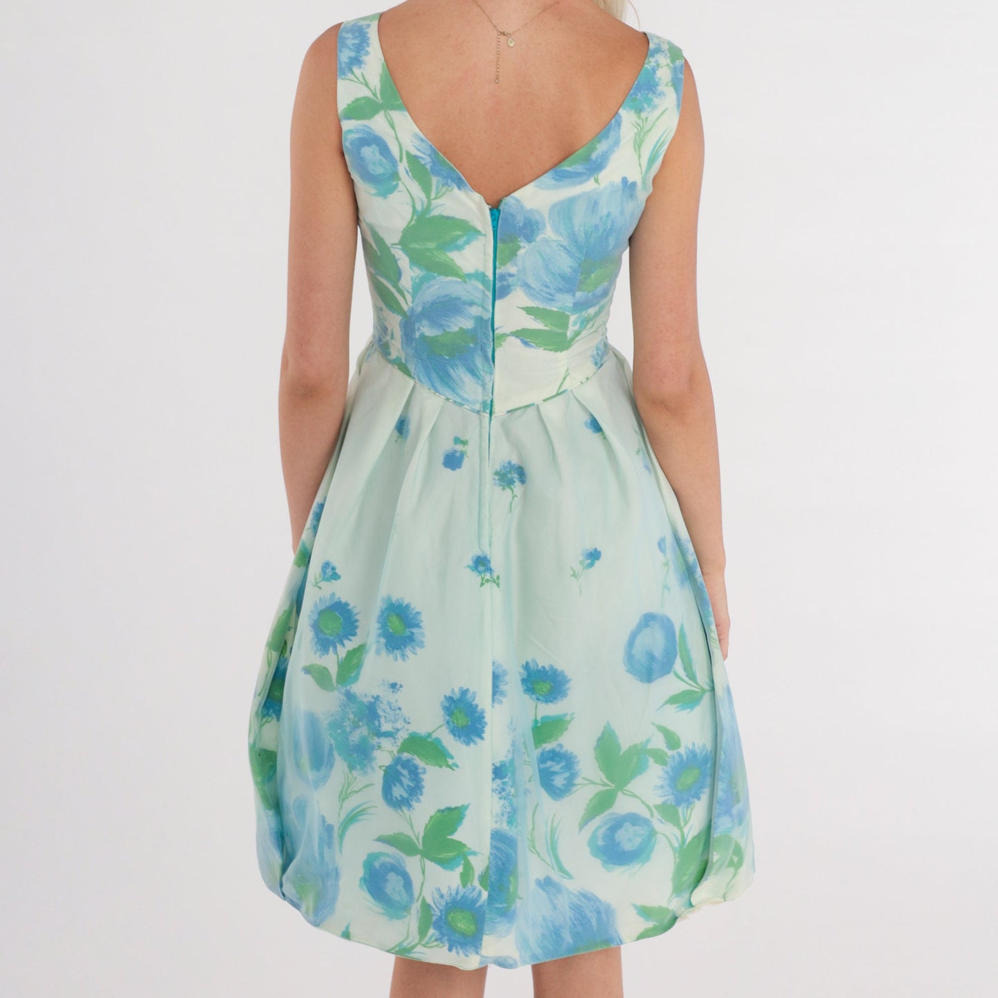 1960s White Floral Blue Mini Dress Bow Waist Sleeveless XXS