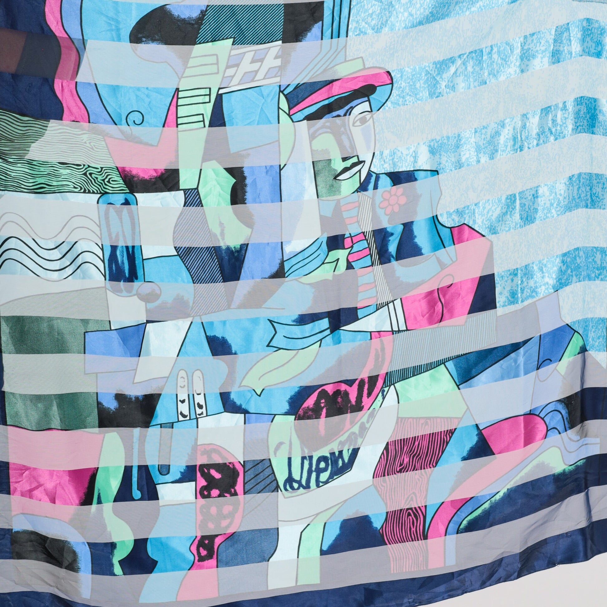 80s Picasso Cubist Art Sheer Scarf Blue Striped Wearable
