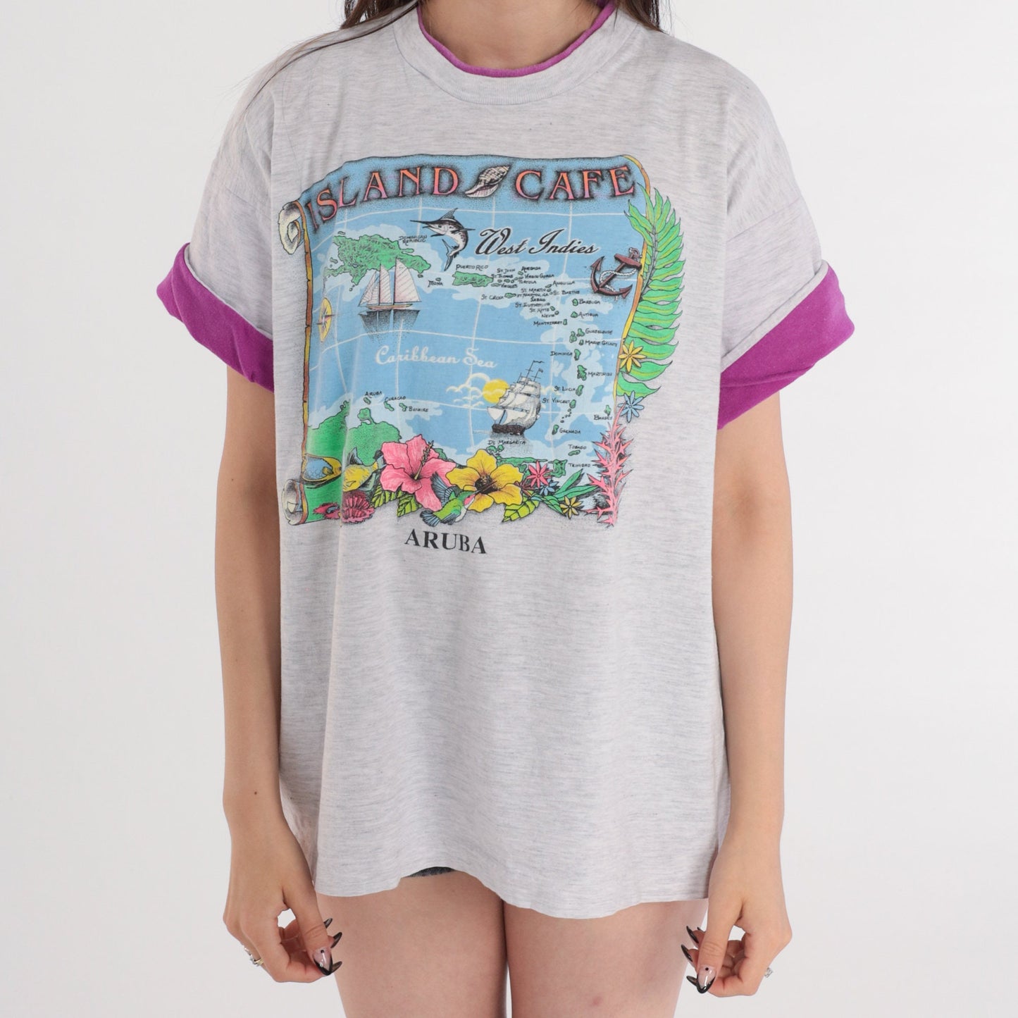 90s Island Cafe Aruba Graphic T-Shirt Grey Purple Cuff Large