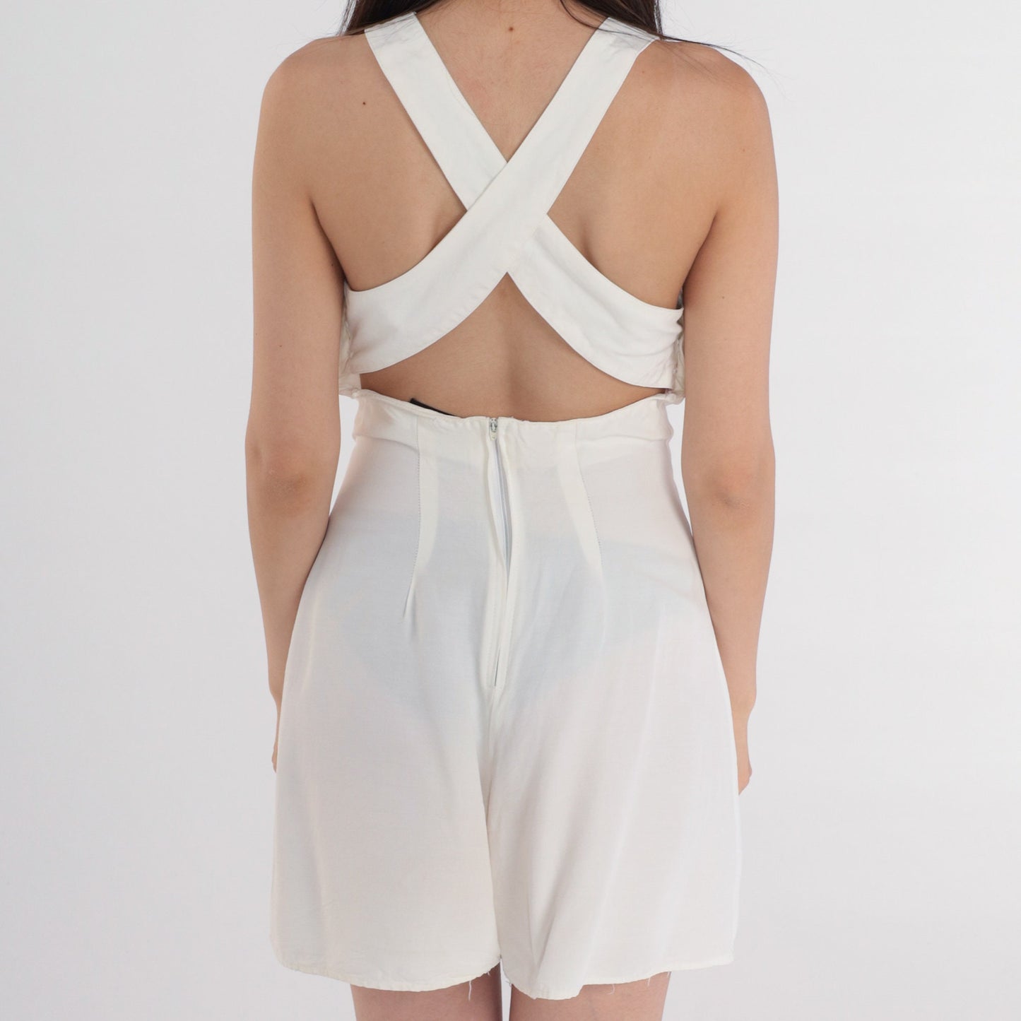 80s Rampage White Romper Criss Cross Back Tulip Hem Sleeveless Small