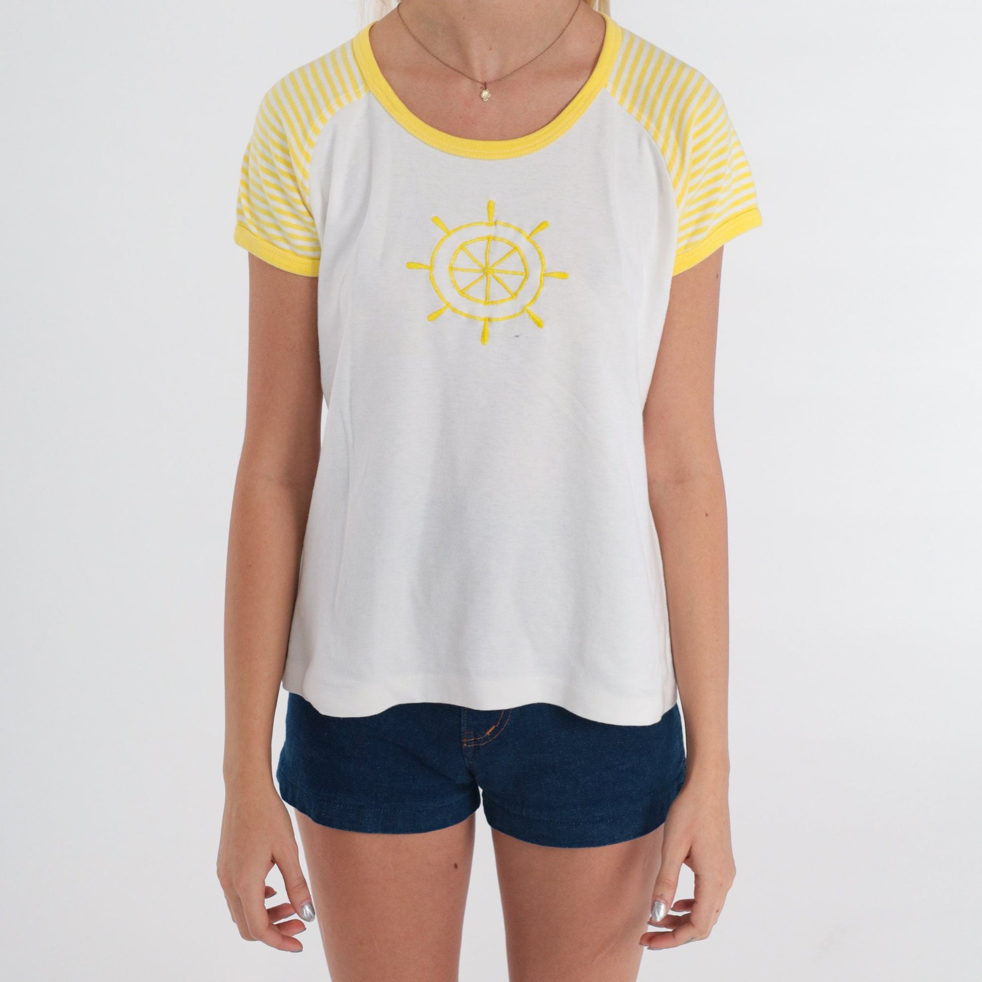 80s Sailboat Helm Graphic Ringer Tee Yellow White Striped Small