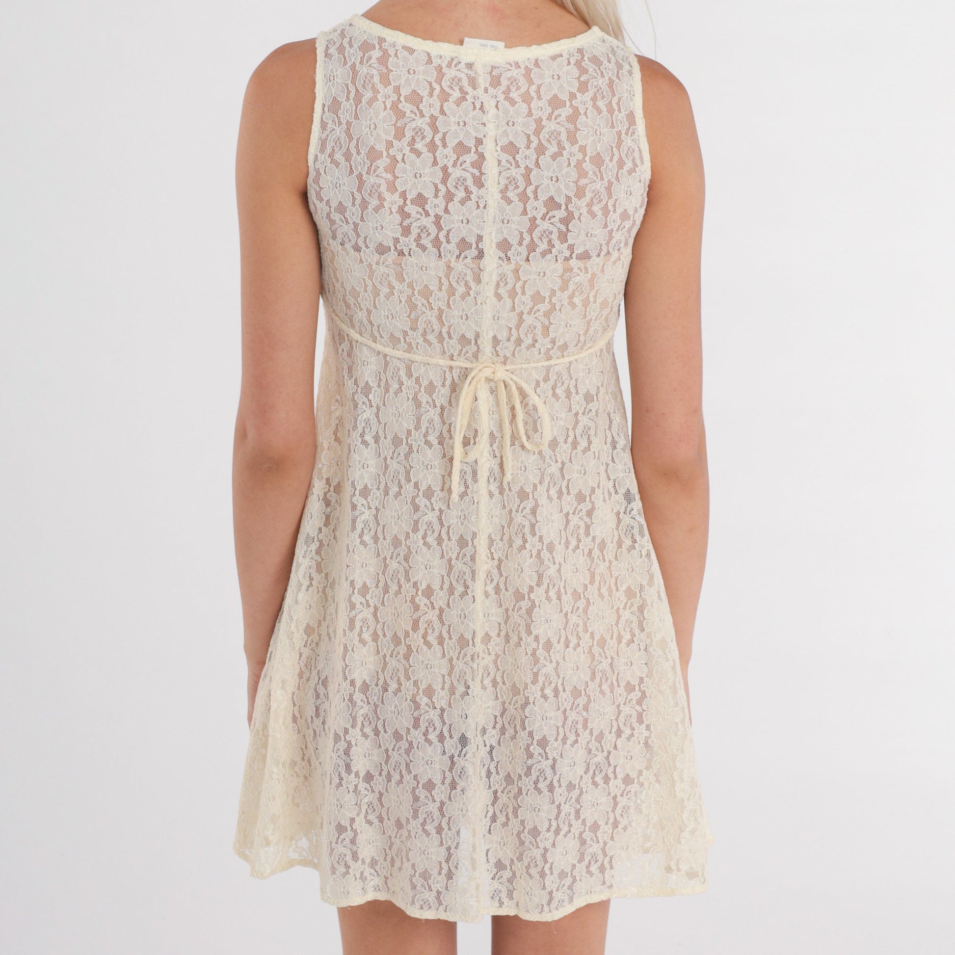 90s Cream Floral Lace Mini Dress Sleeveless Skater Cut XXS