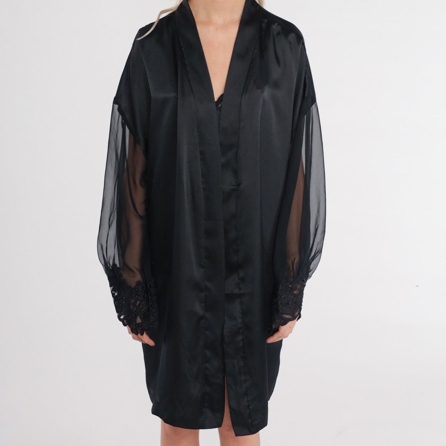 90s Black Bed Jacket Floral Lace Trim Open Front Robe Large L
