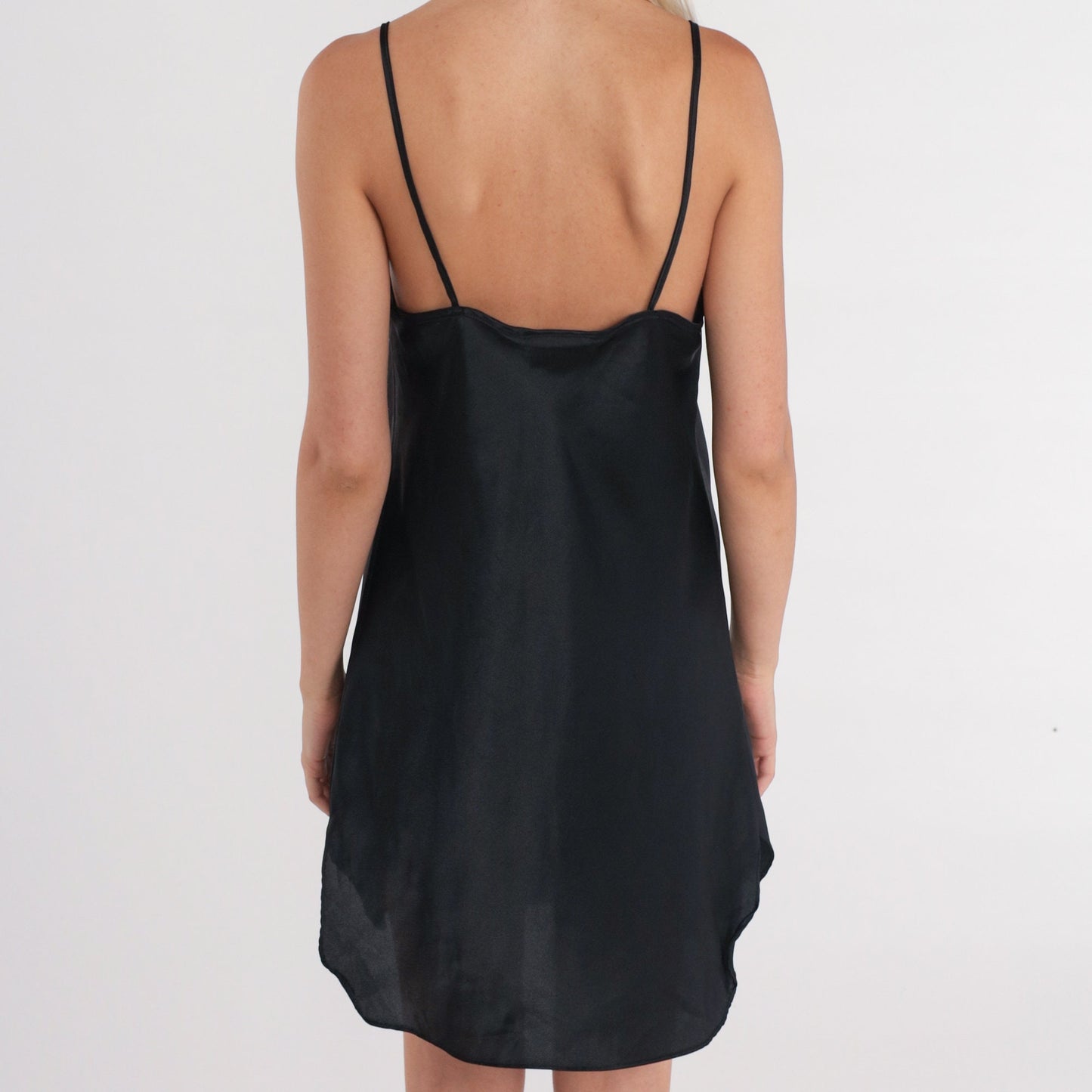 90s Black Satin Slip Dress V-Neck Spaghetti Strap Mini Medium