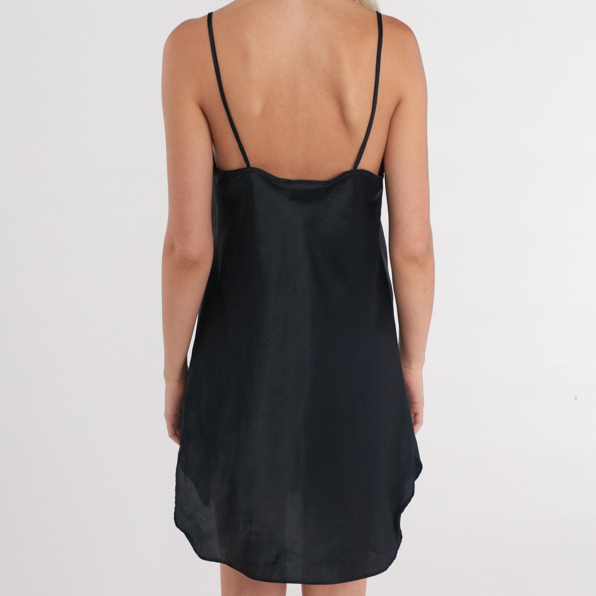 90s Black Satin Slip Dress V-Neck Spaghetti Strap Mini Medium