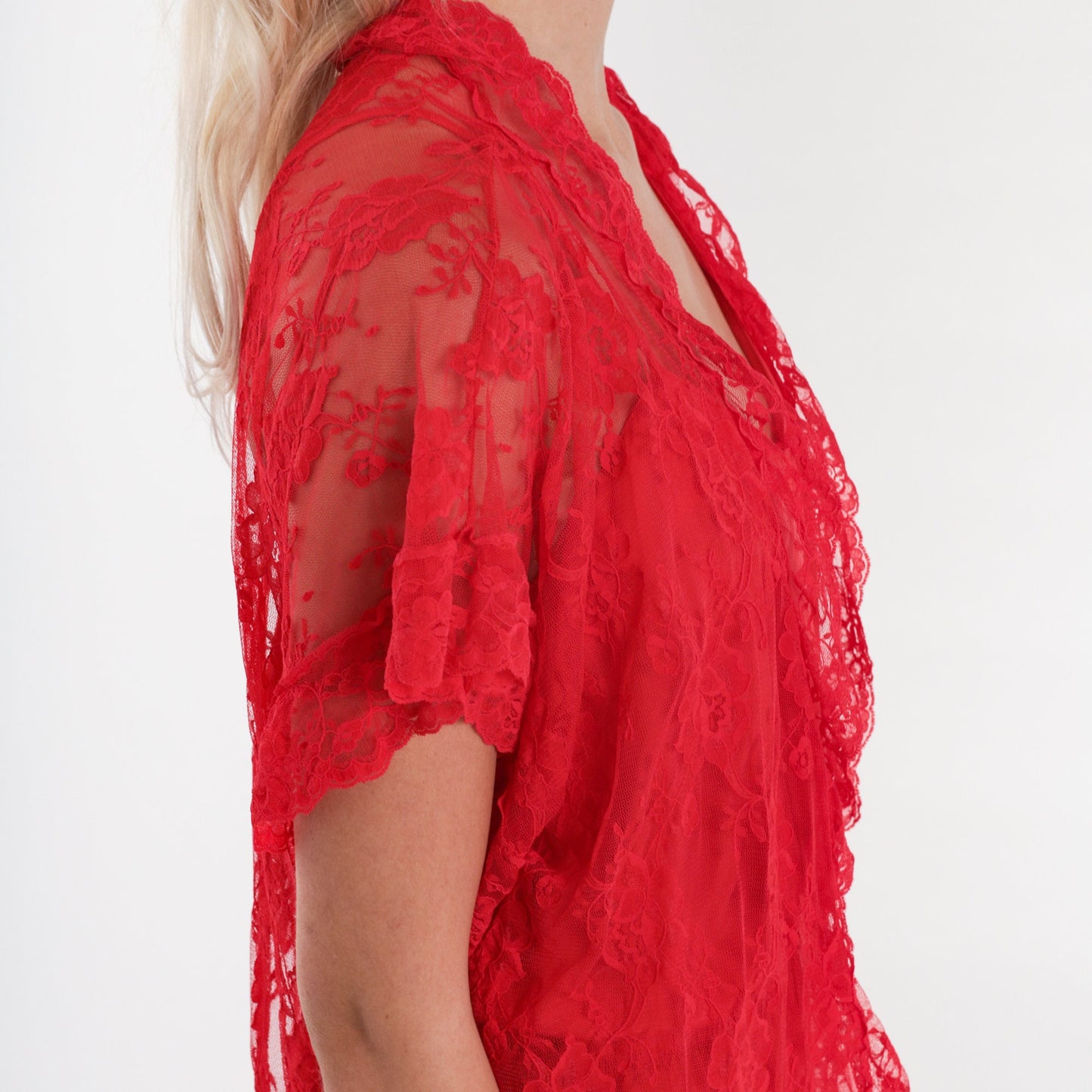 80s Mervyn's Red Lace Floral Lingerie Robe Open Front Short Sleeve One Size