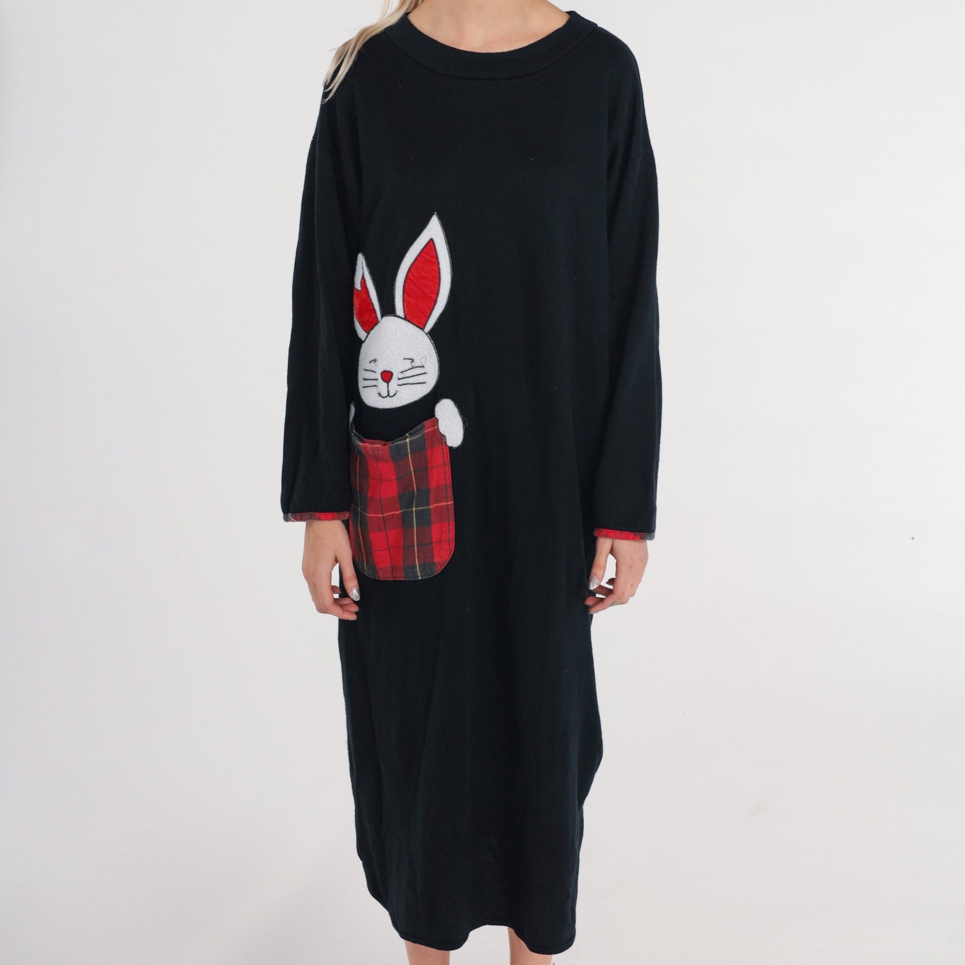 90s Bunny Pajama Dress Black Plaid Pocket Midi Nightgown Long Sleeve Small