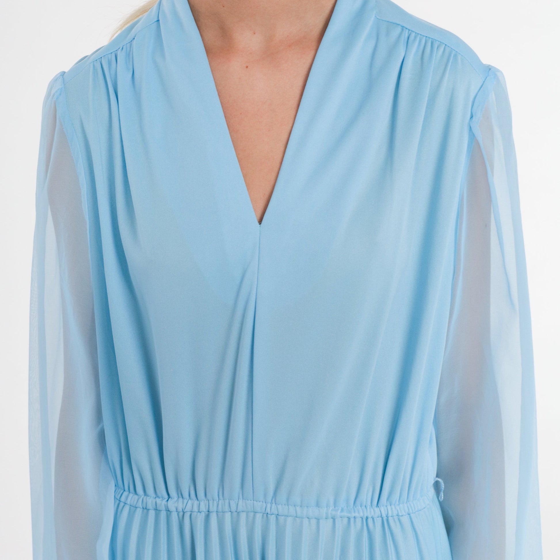 70s Blue Midi Dress V-Neck High Waisted Knife Pleated Sheer Sleeve Medium M