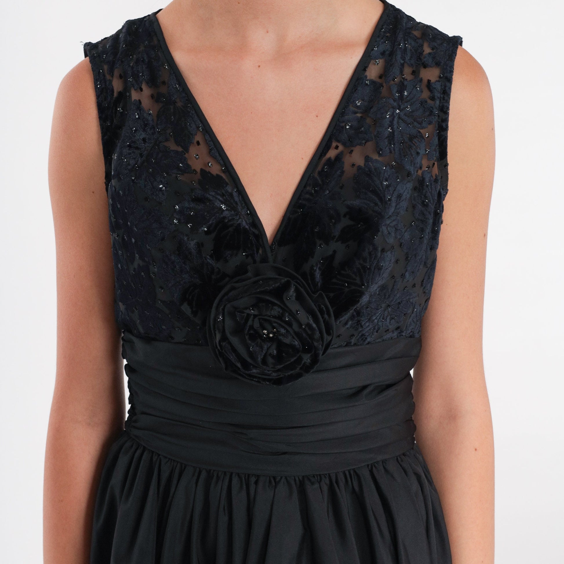 80s Black Velvet Burnout Midi Dress Beaded Rosette V-Neck Lace-Up Back Small