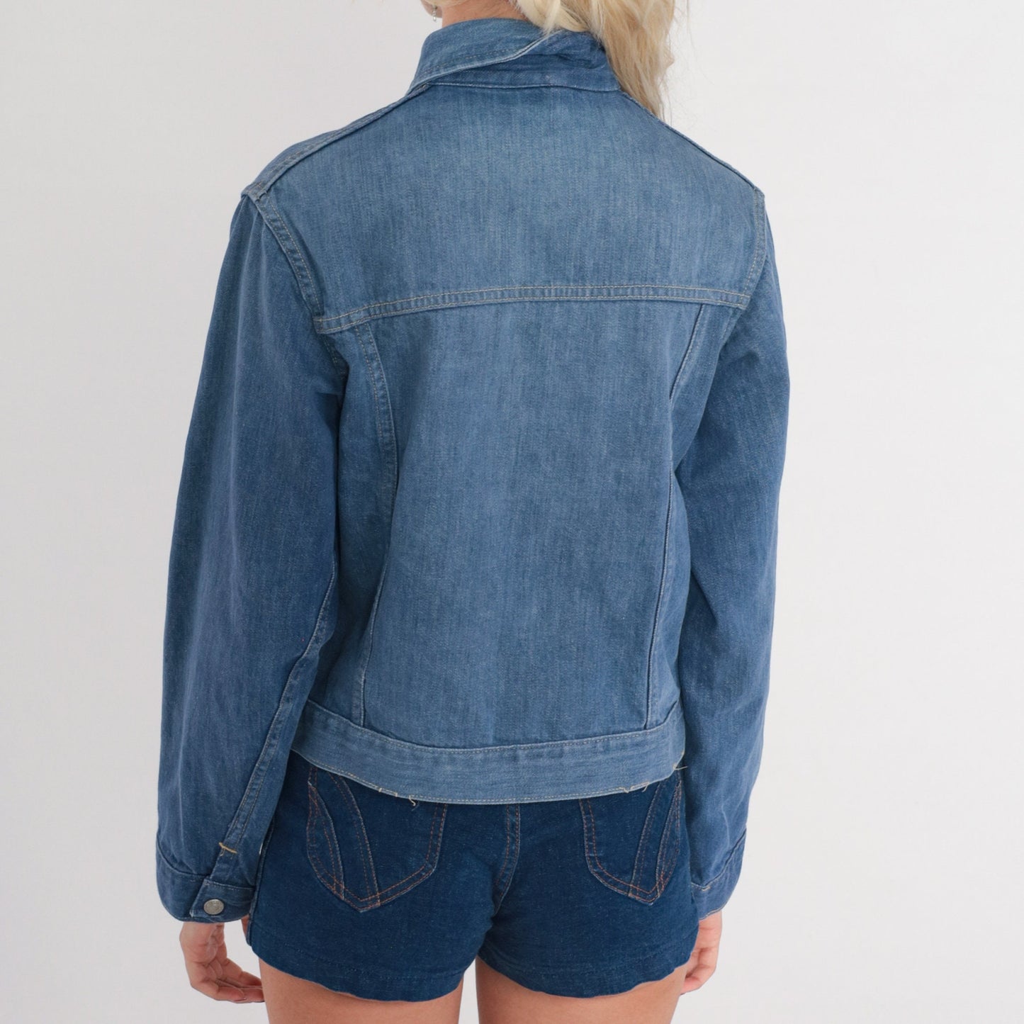 70s Blue Denim Jacket Collared Button-Up Jean Coat Small S