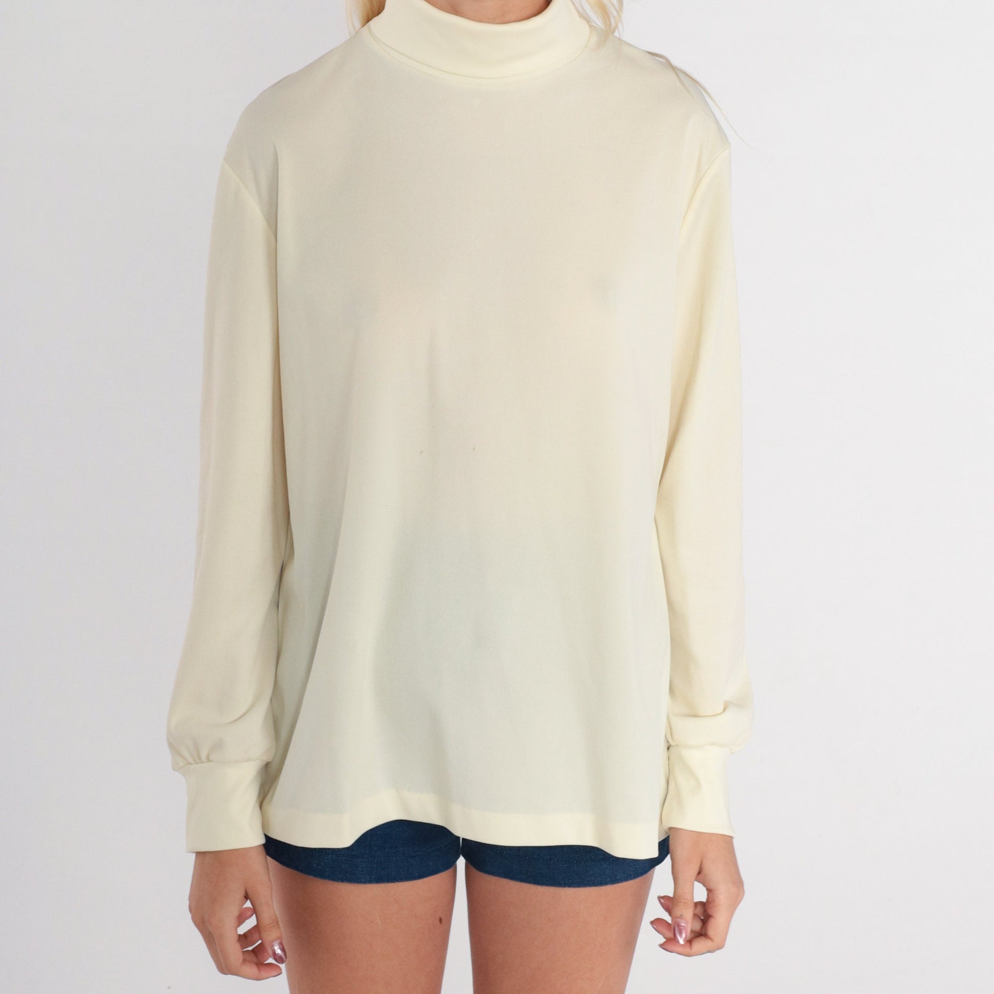 70s Cream Mock Neck Blouse Long Balloon Sleeve Shirt Large L