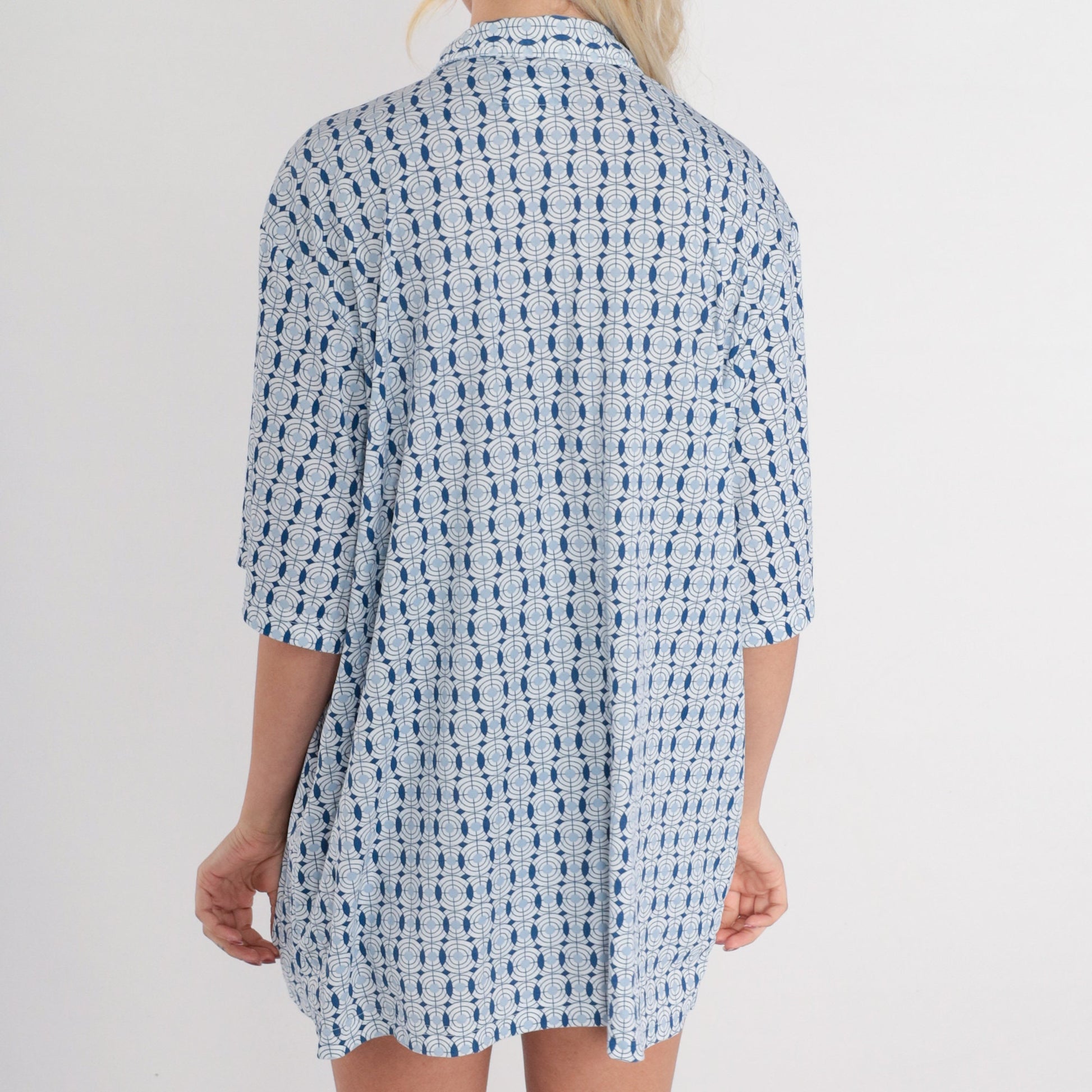 90s Geometric Circle Print Button-Up Shirt Blue White Abstract Short Sleeve Extra Large