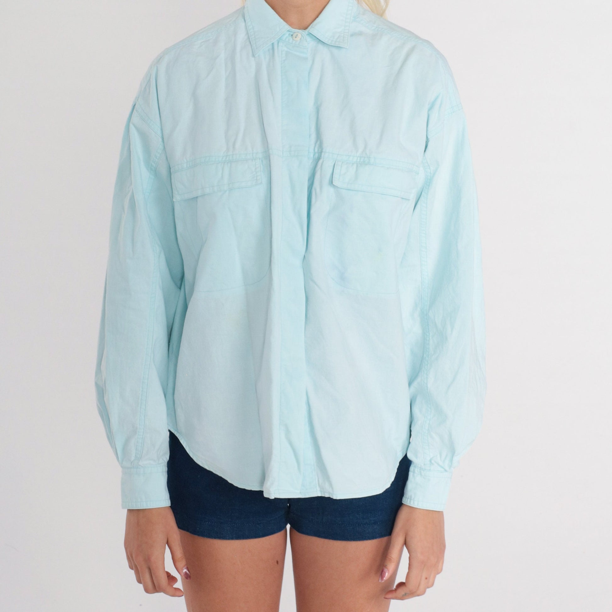 90s Light Blue Cotton Oxford Button-Up Shirt Long Sleeve Medium