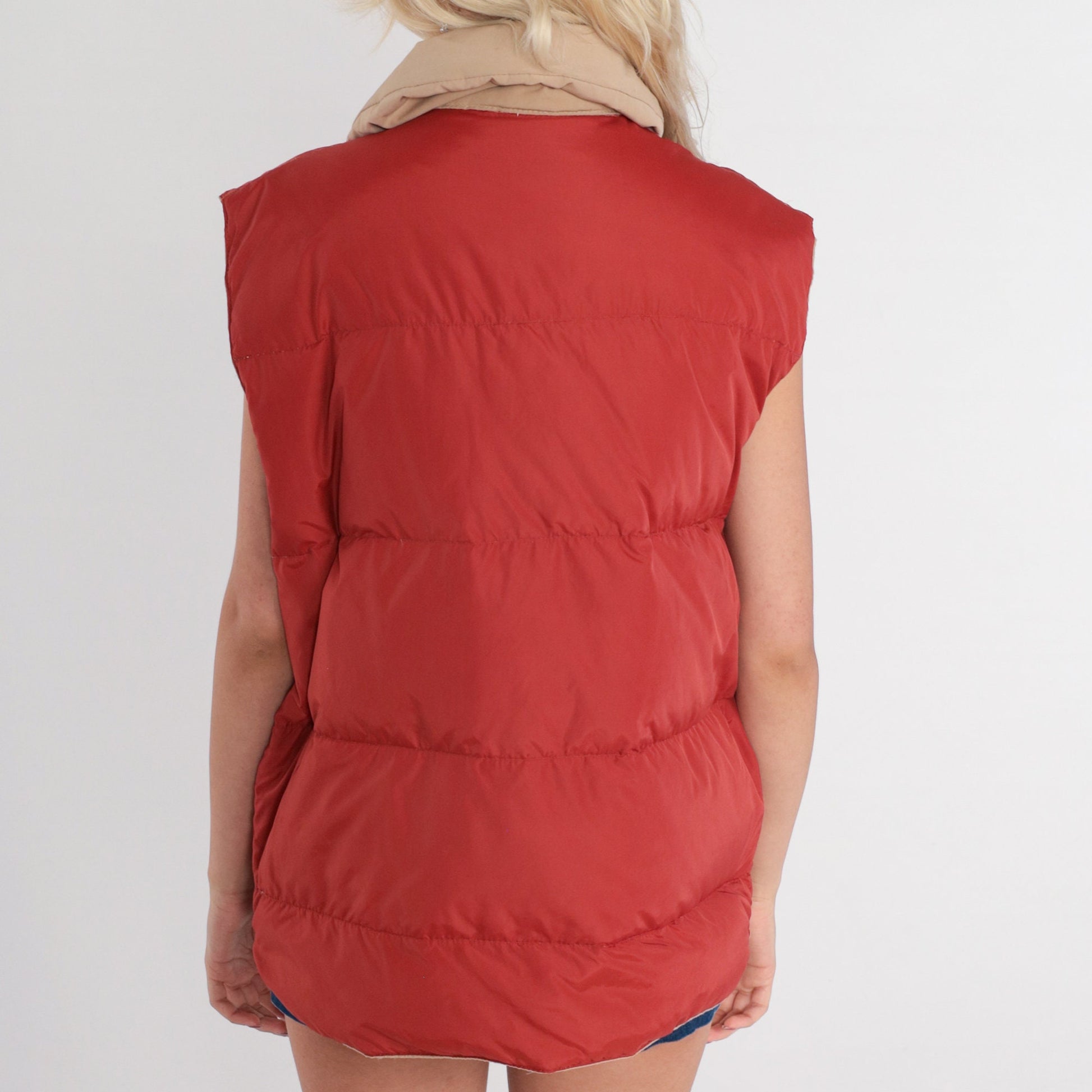 70s Reversible Puffer Vest Rust Brown Tan Down Nylon Snap Sleeveless Large