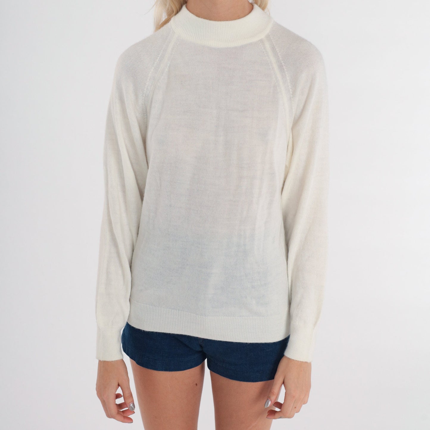 90s White Knit Sweater Mock Neck Raglan Sleeve Pullover Small