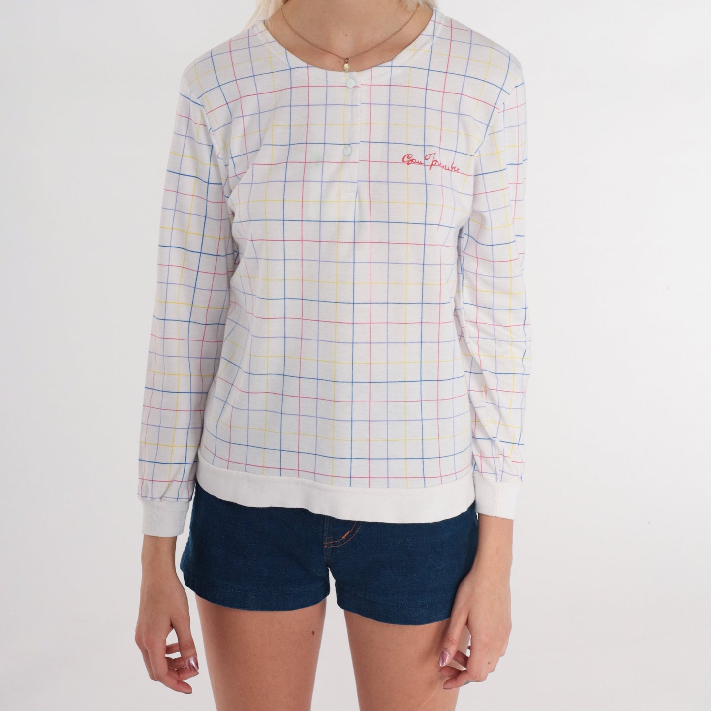 80s San Francisco Checkered Snap Shirt White Long Sleeve Small