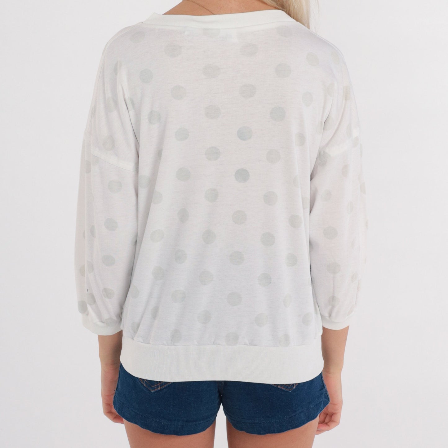 80s Polka Dot Blouse White V-Neck 3/4 Sleeve Top Medium