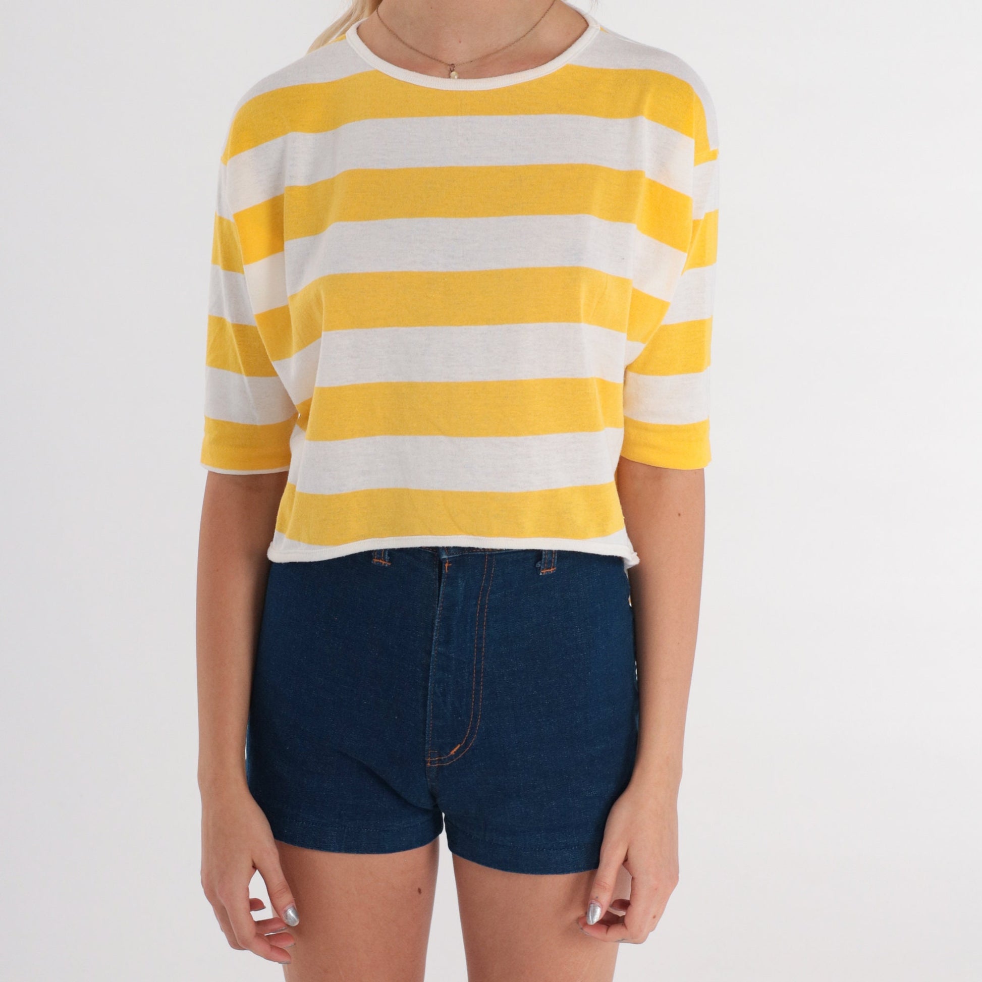 90s Yellow & White Striped Crop Top Half Sleeve Cotton Tee Medium