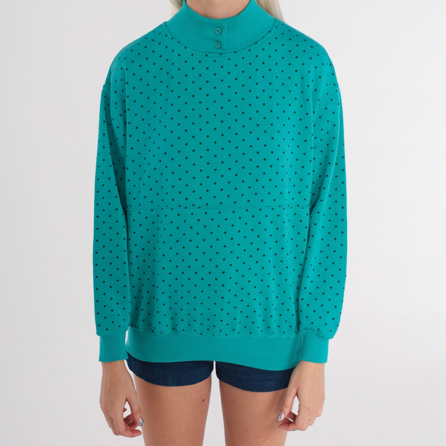 90s Polka Dot Mock Neck Sweatshirt Turquoise Green Small S