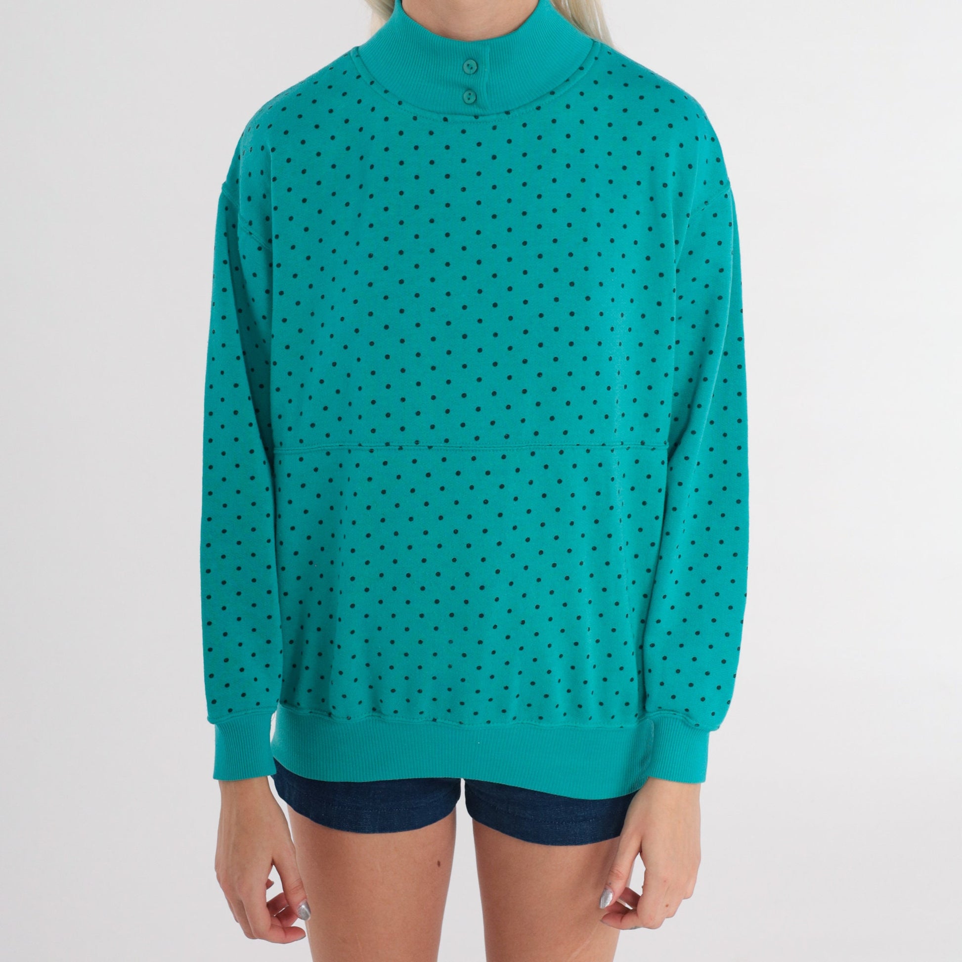 90s Polka Dot Mock Neck Sweatshirt Turquoise Green Small S