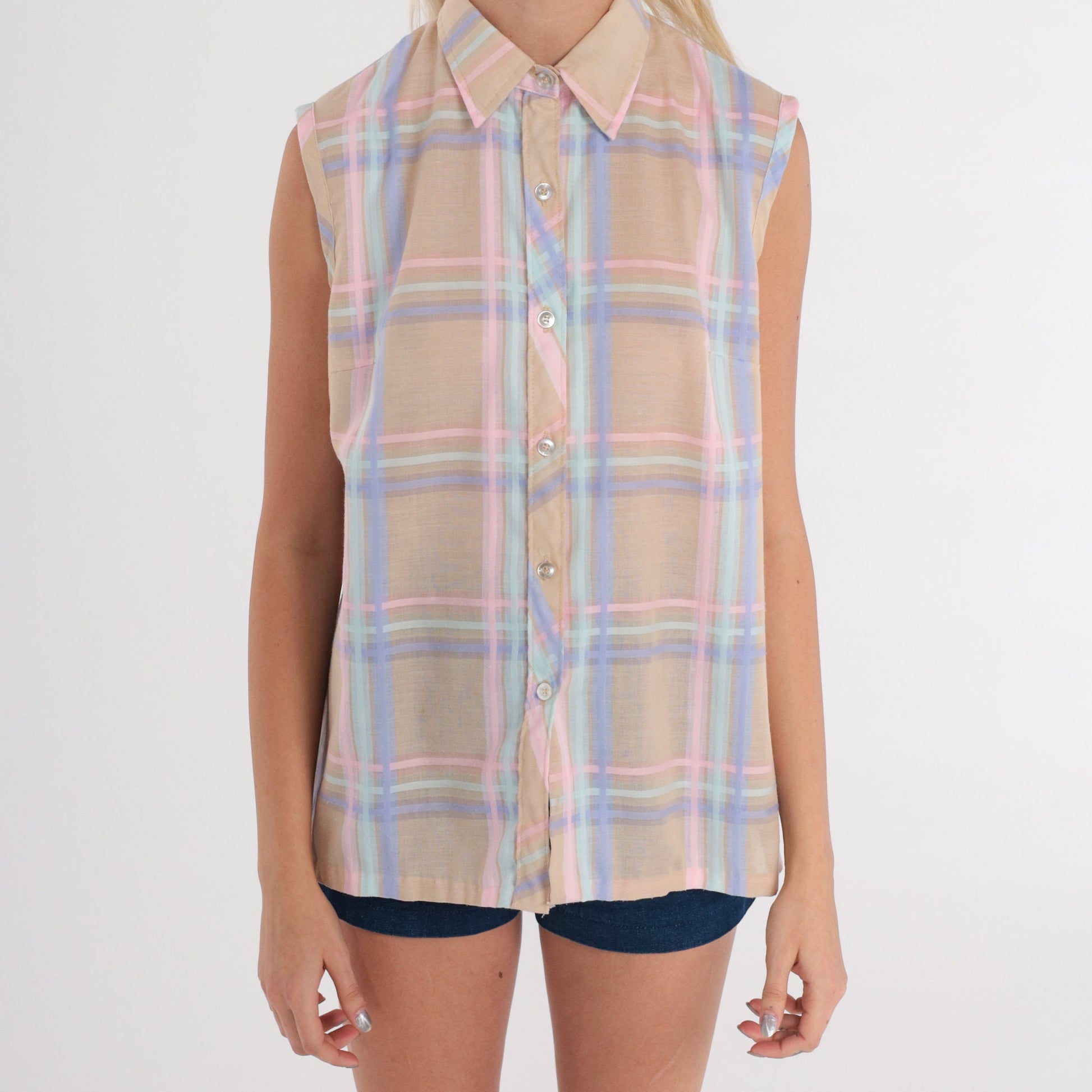 80s Tan Plaid Sleeveless Button-Up Blouse Pastel Pink Purple Check Medium