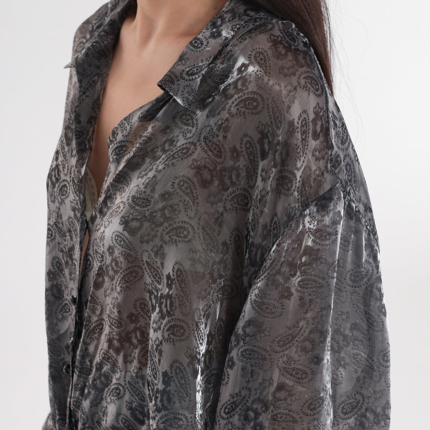 90s Iridescent Paisley Button-Up Blouse Pewter Sheer Long Sleeve Plus Size 26W