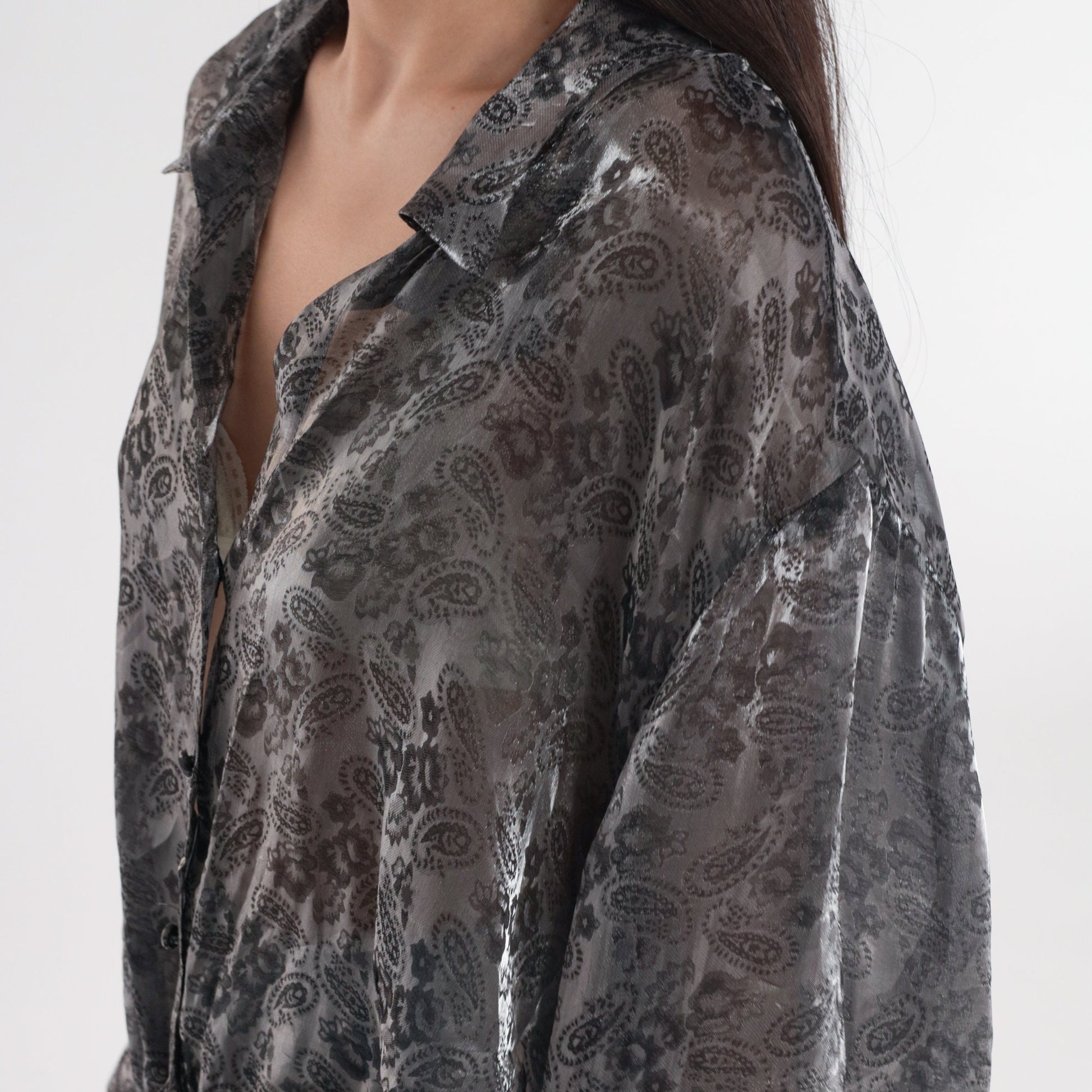 90s Iridescent Paisley Button-Up Blouse Pewter Sheer Long Sleeve Plus Size 26W
