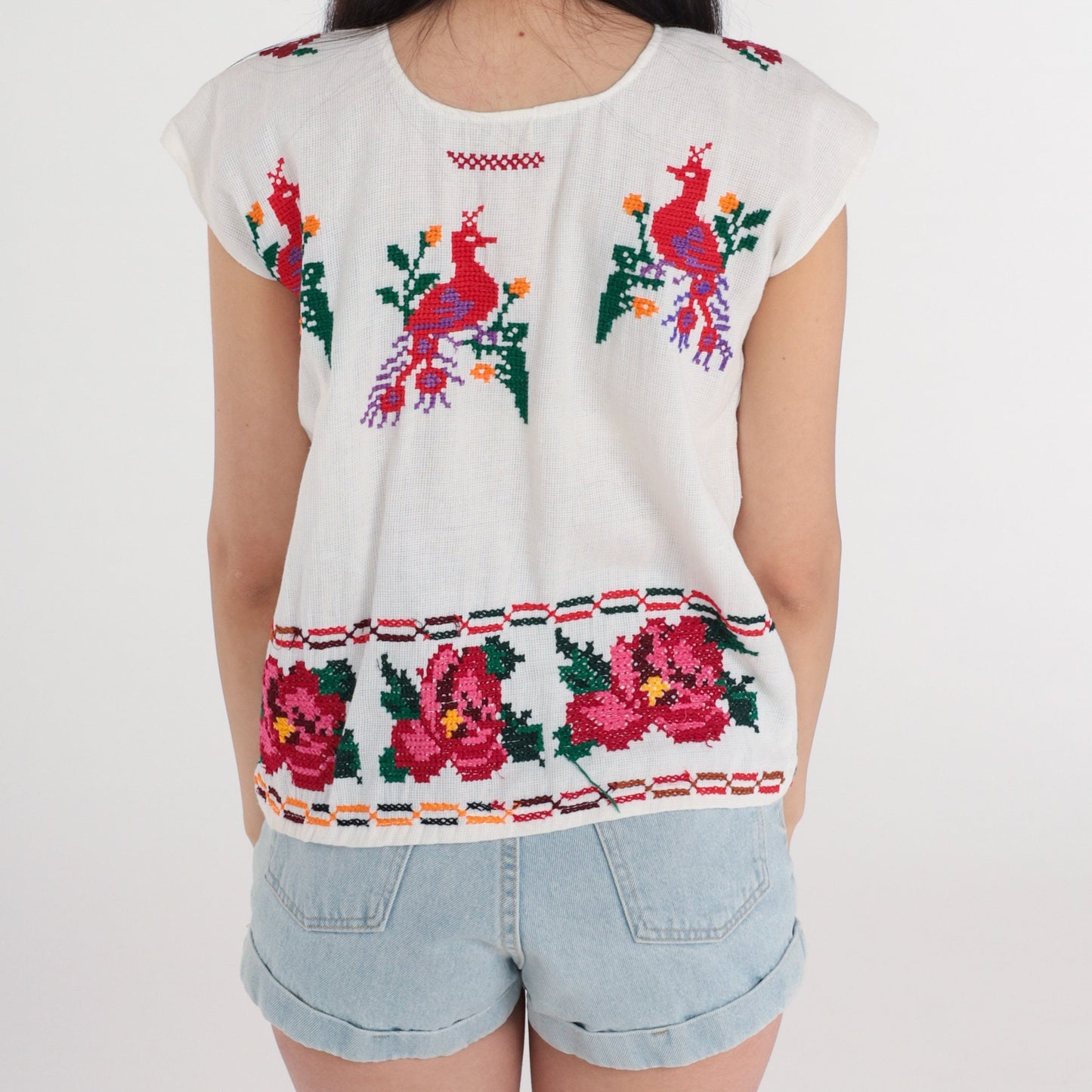 1990s Mexican Embroidered Peacock Blouse White Cotton Tunic Extra Small