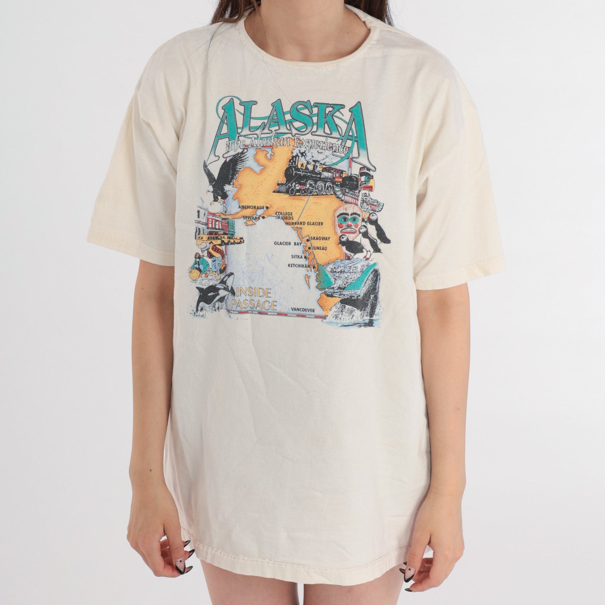 90s Alaska Map Graphic T-Shirt Jerzees Cream Cotton Large