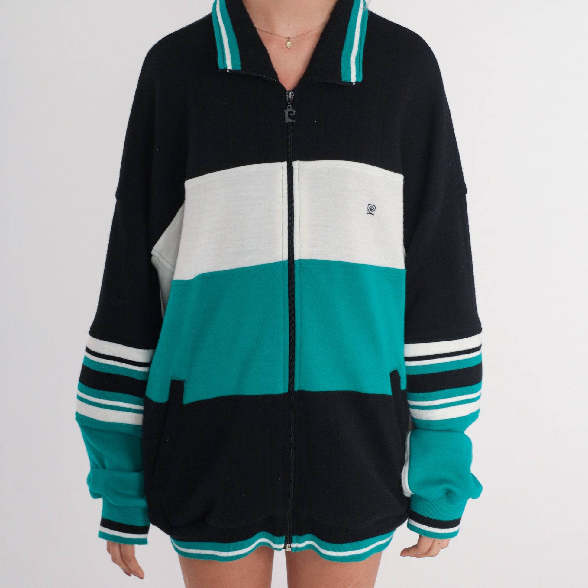 80s Pierre Cardin Track Jacket Striped Zip Up Black White Green Extra Large XXL
