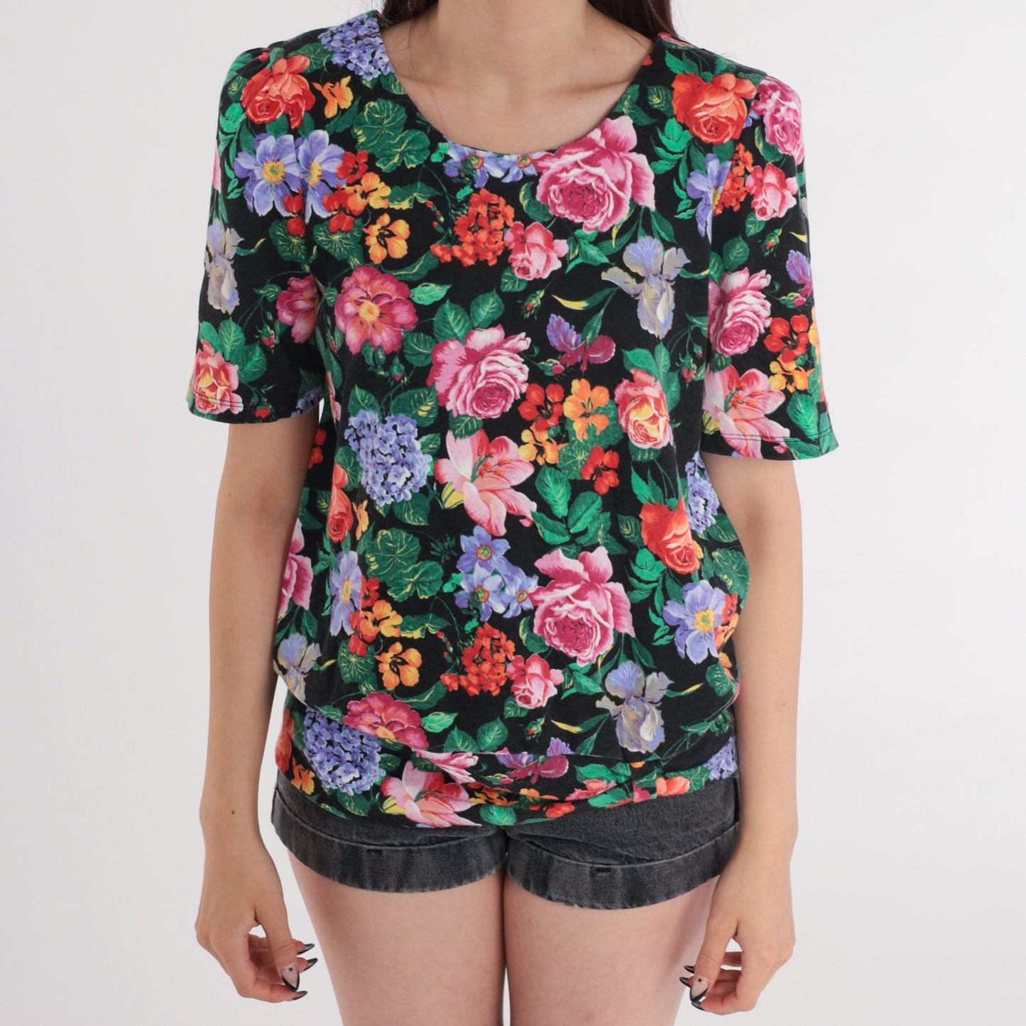 80s Fritzie Of California Black Floral Puff Sleeve Blouse Small