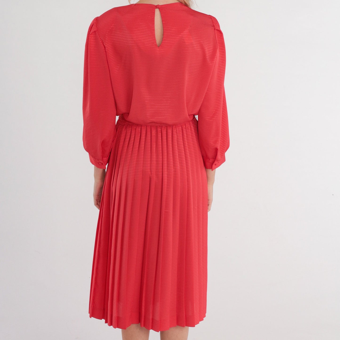80s Red Diamond Print Midi Dress Puff Sleeve High Waisted Belted Small Medium