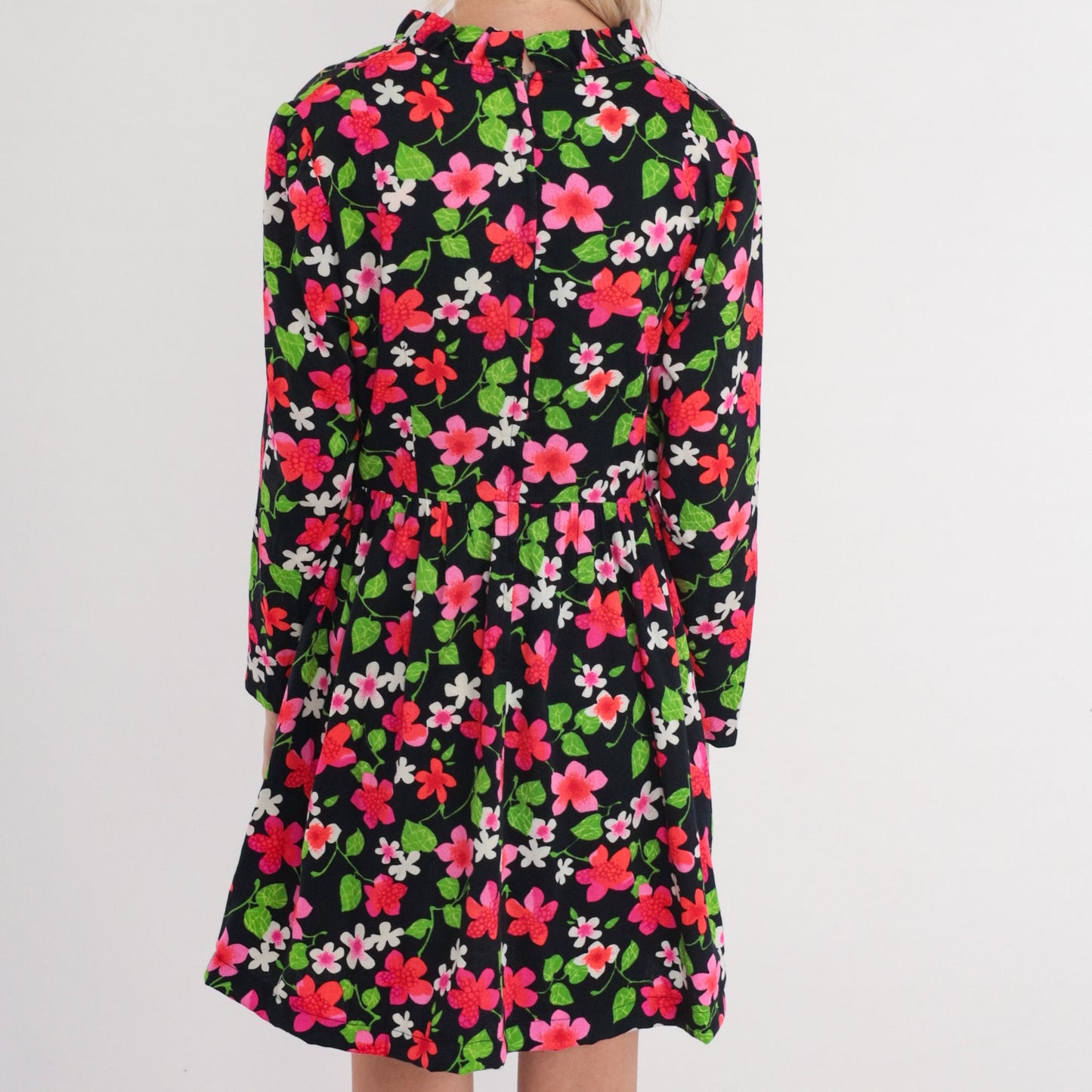 70s Black Floral Mini Dress Long Sleeve Ruffled Neck High Waisted Medium