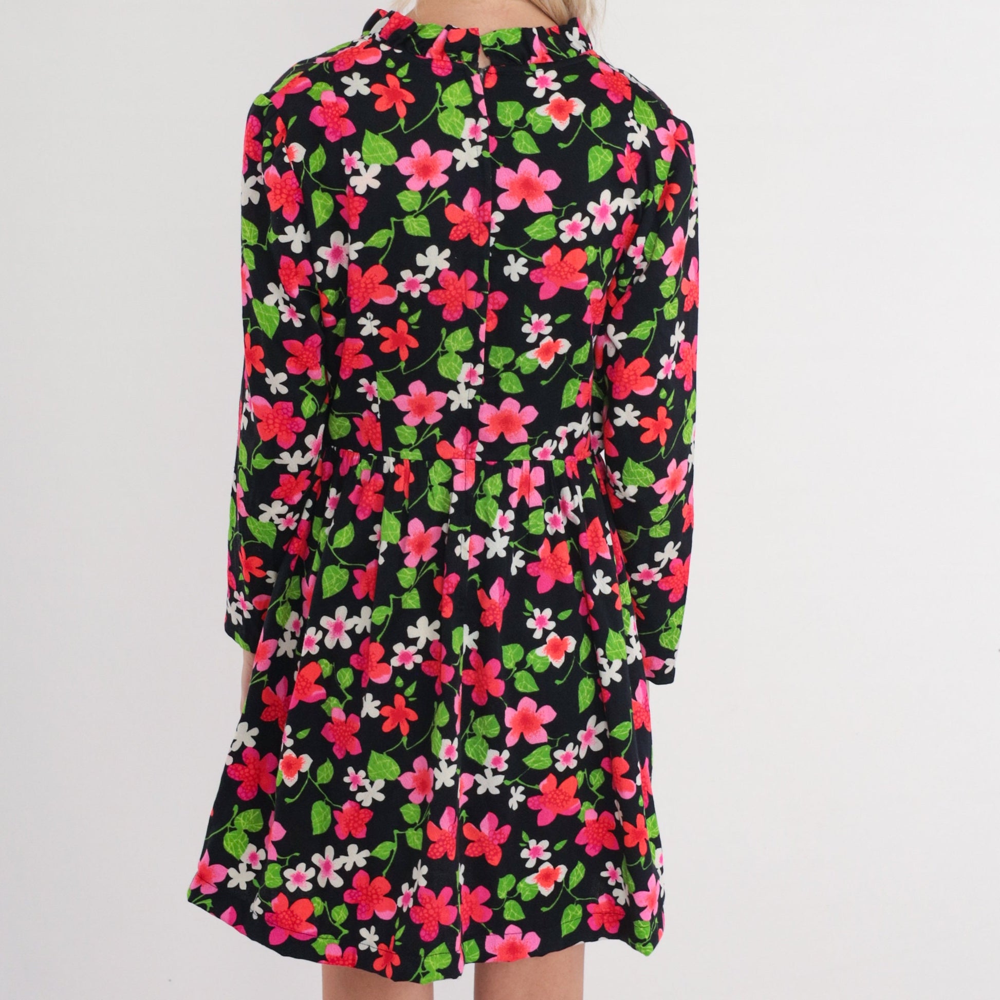 70s Black Floral Mini Dress Long Sleeve Ruffled Neck High Waisted Medium