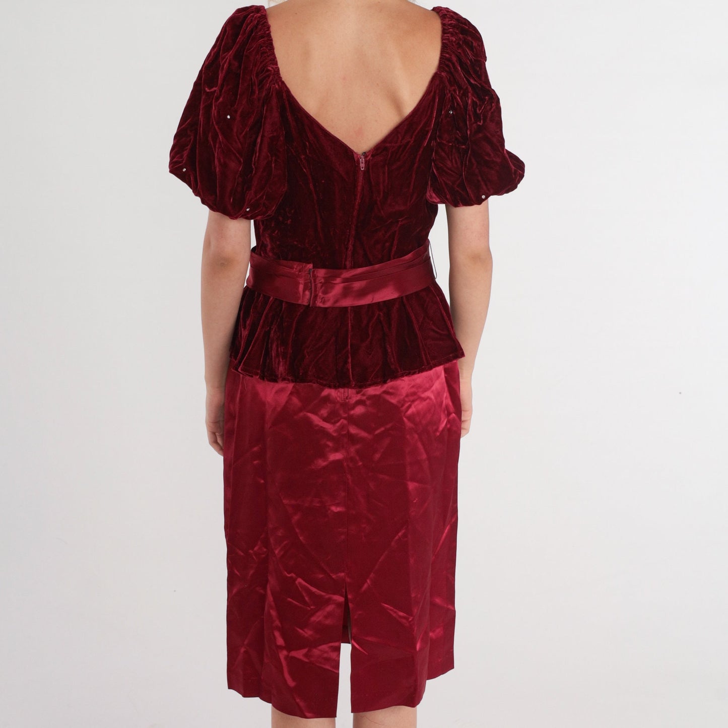 80s Burgundy Velvet Midi Dress Rhinestone Puff Sleeve V-Neck Small