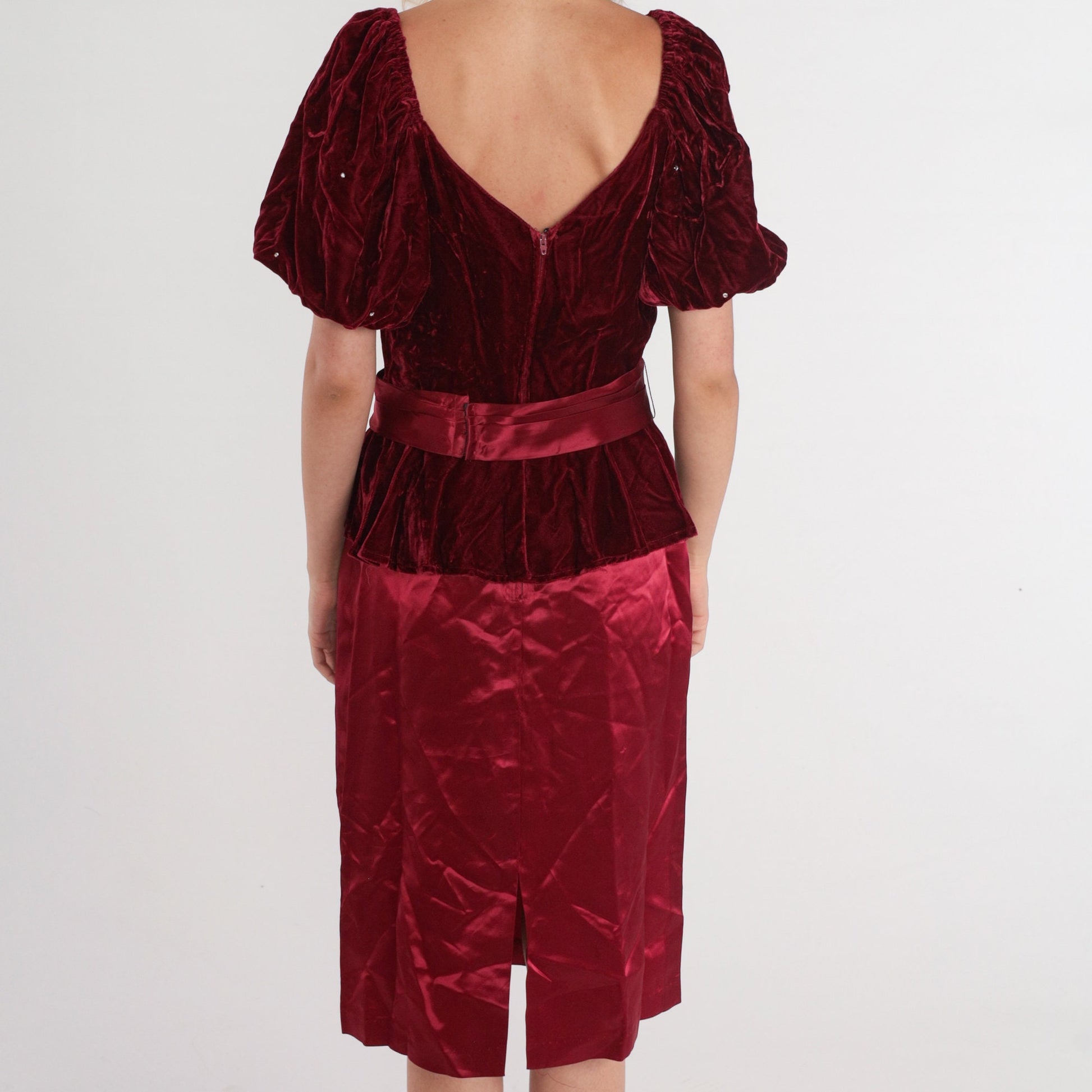 80s Burgundy Velvet Midi Dress Rhinestone Puff Sleeve V-Neck Small