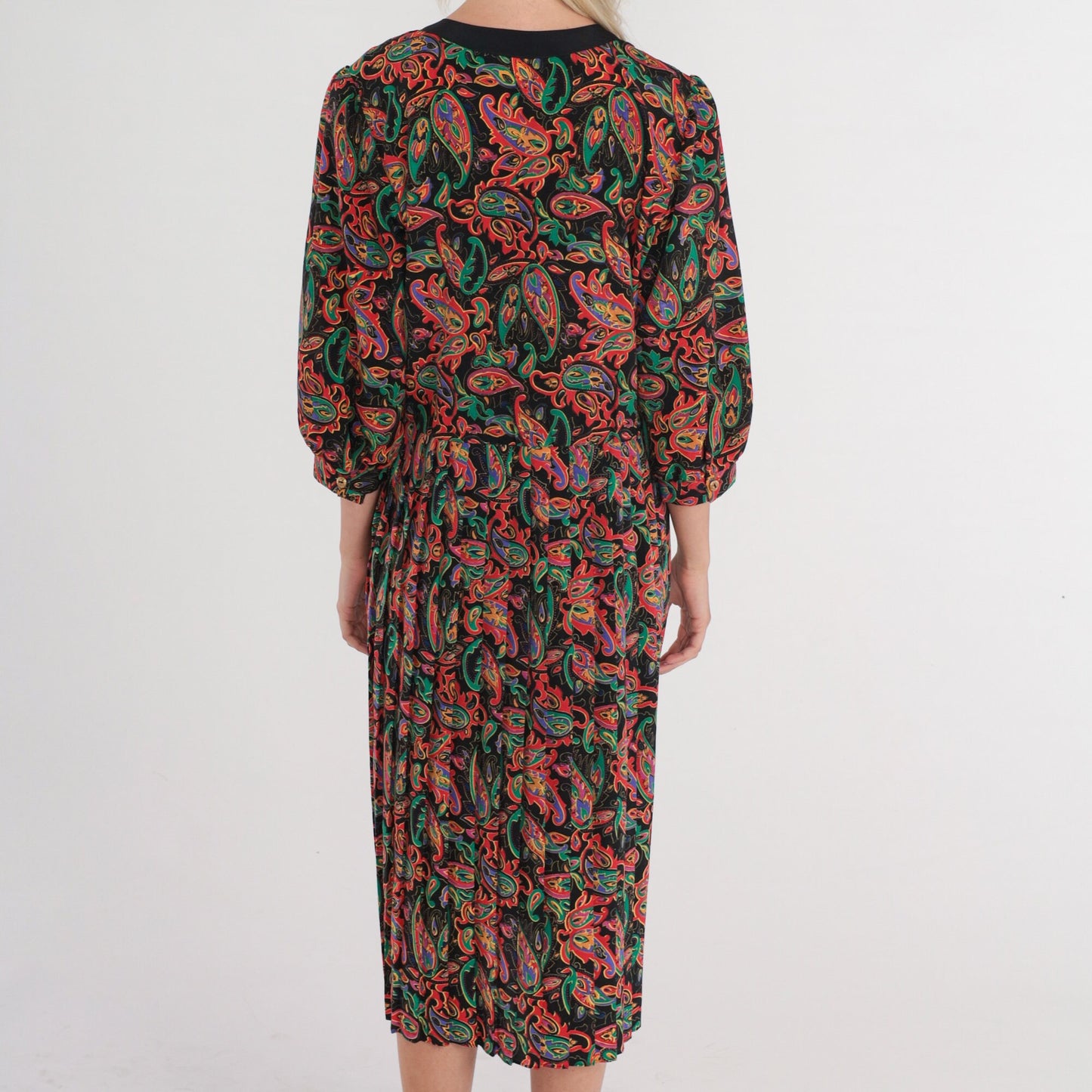 80s Black Paisley Midi Dress Puff Sleeve Button-Up Shirtwaist Medium M