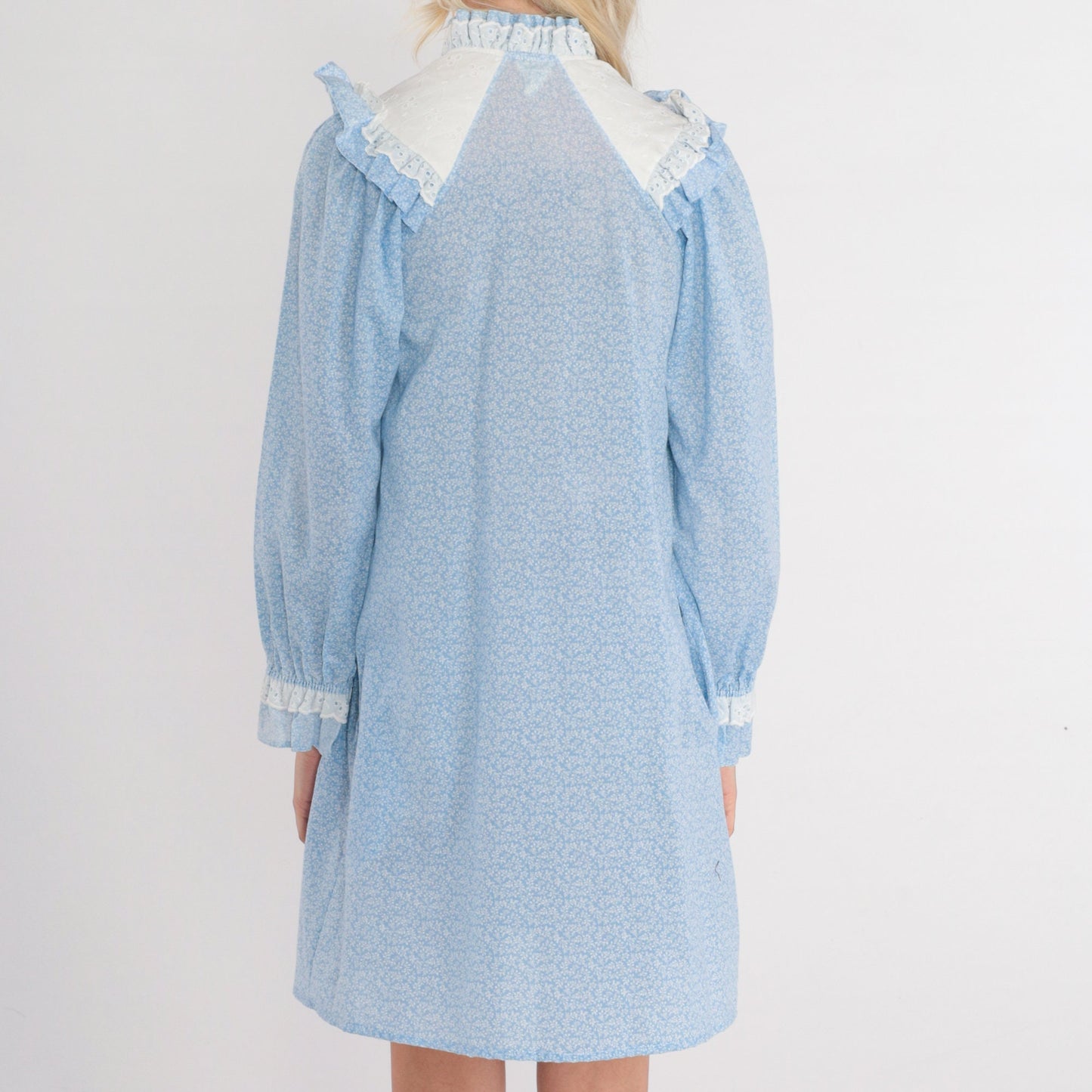 80s Blue Floral Mini Dress Eyelet Bib Puff Sleeve Calico Extra Small