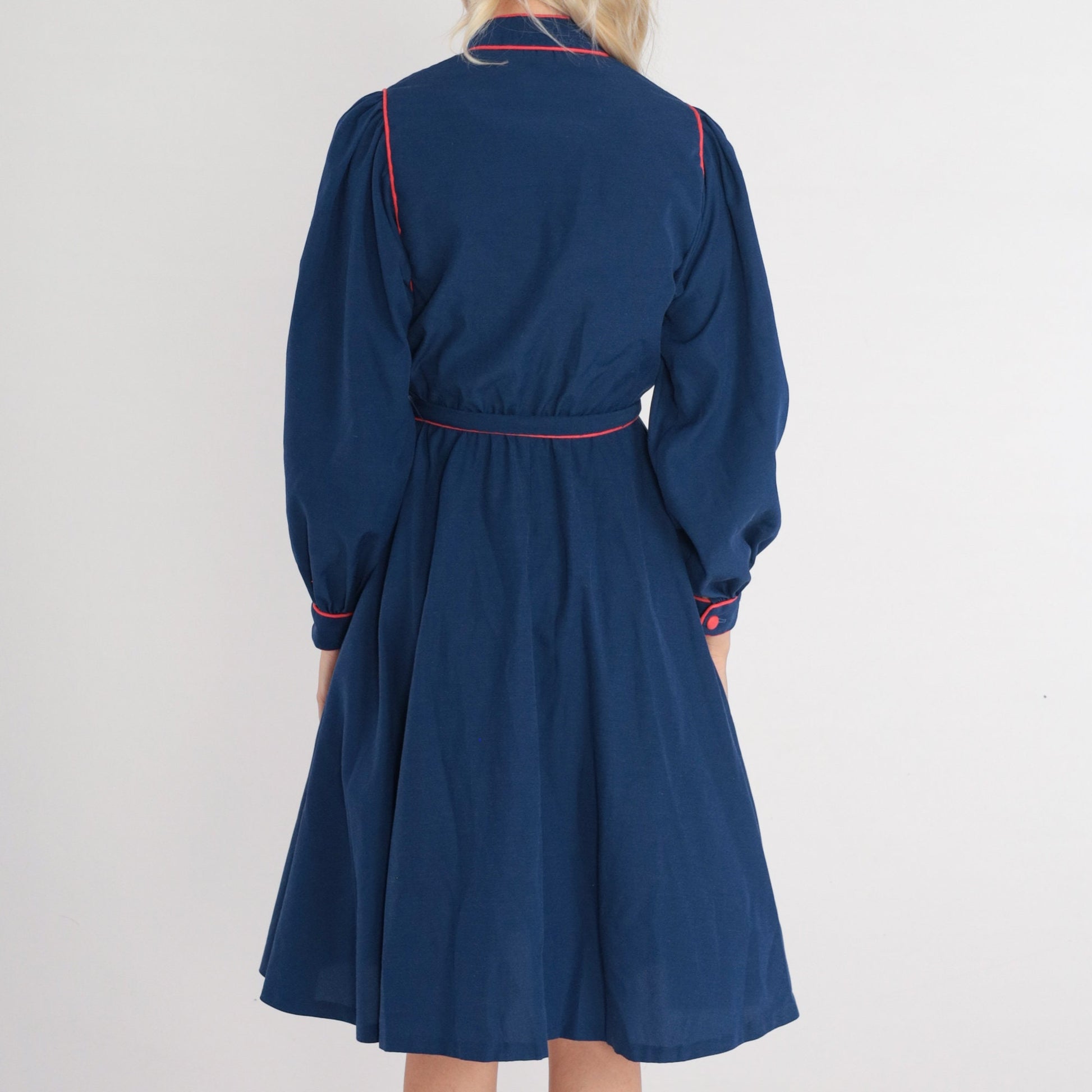 80s Navy Blue Shirtwaist Dress Puff Sleeve Mock Neck Belted Knee Length Extra Small