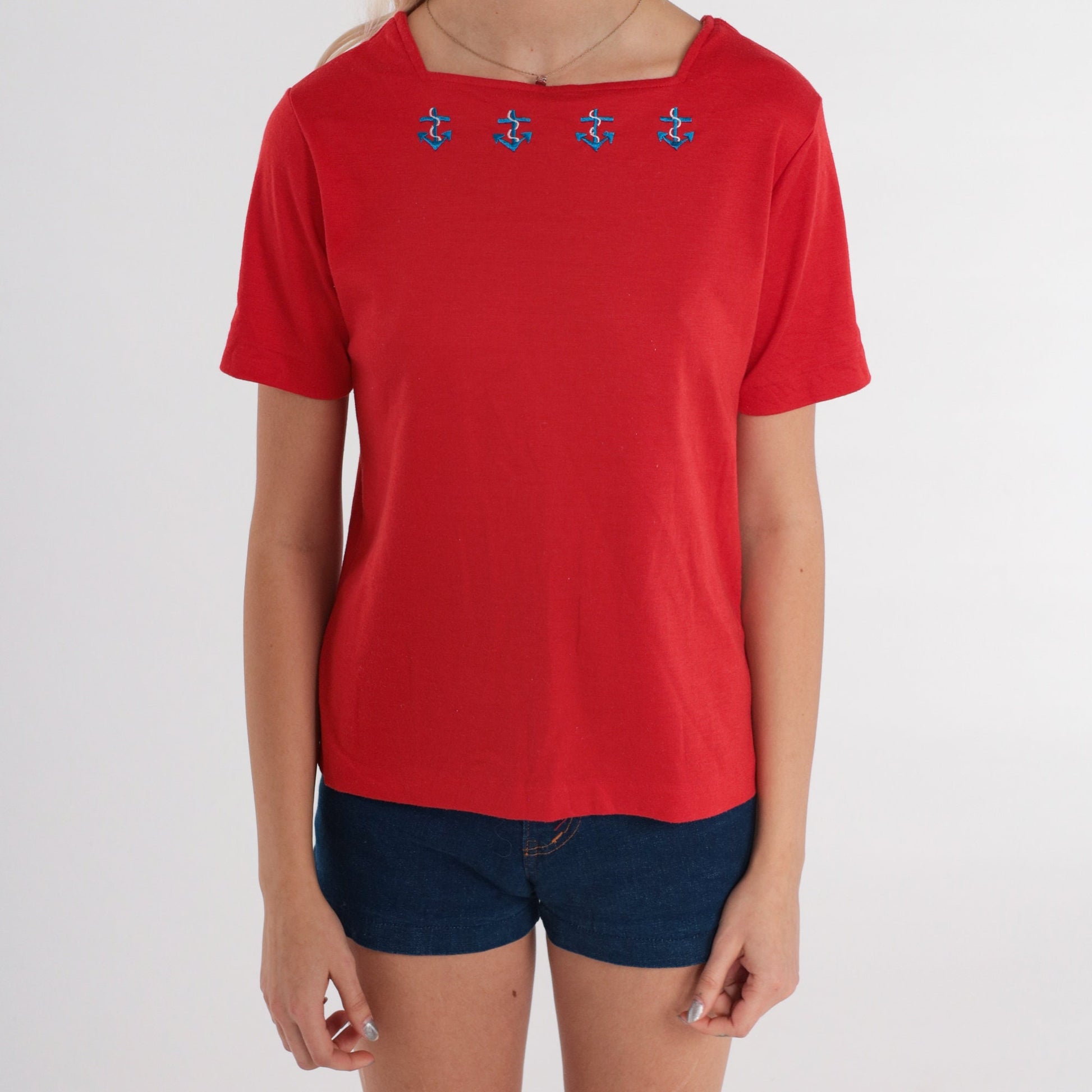 80s Red Anchor Embroidered Square Neck T-Shirt Small