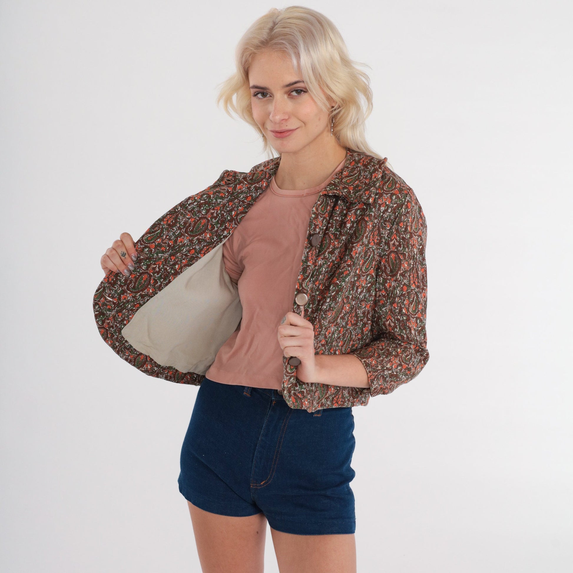 60s Paisley Cropped Jacket 3/4 Sleeve Button Up Brown Orange Green Extra Small