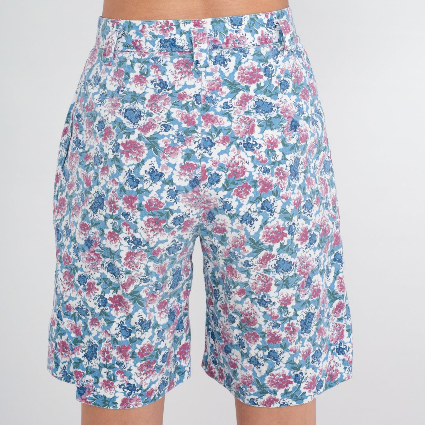 90s Hunters Run Floral Shorts High Waist White Blue Pink Knee Length Small