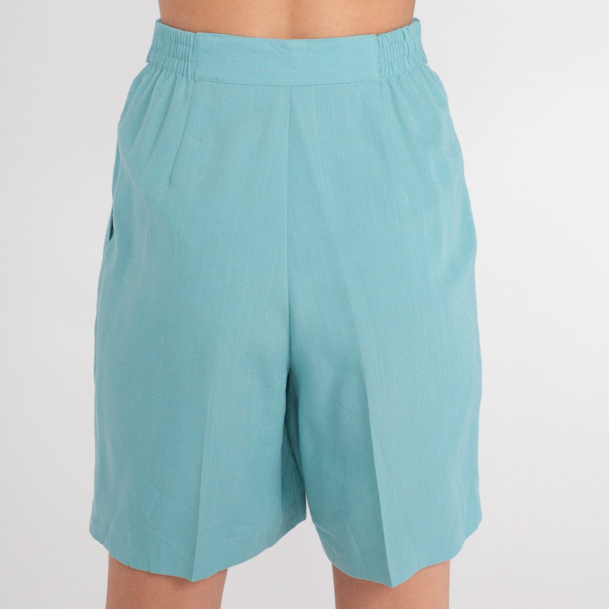 80s Blue Pleated High-Waist Shorts Knee Length Extra Small